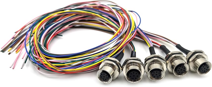 5Pcs M12 8 Pin A Code Female Connector Cable, IP67 Waterproof Back Mount Cable UnShielded Straight Aviation Socket Electrical Cable Sensor Receptacle 60V 2A 0.5Meter/1.64ft