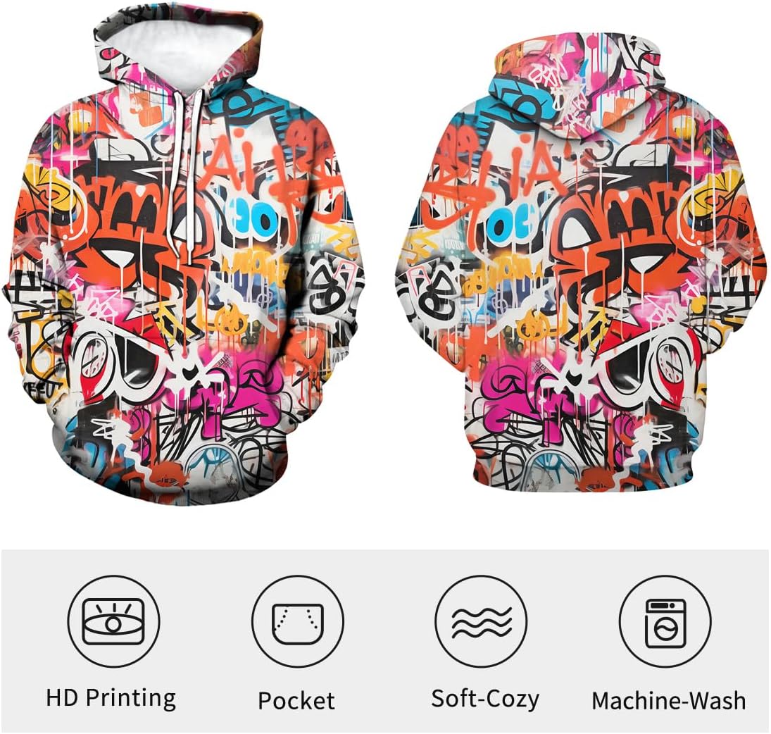 Men's Novelty Hip-hop Graffiti Cool Graphic Hoodies Hooded Colorful Totem Sweatshirts Pullover, Small, Purple - Image 3