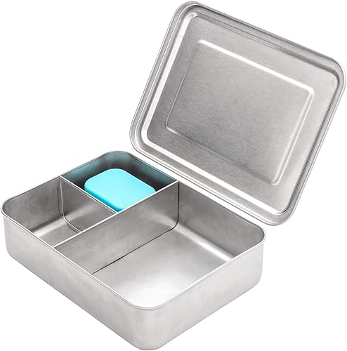 WeeSprout Caja Bento de acero inoxidable 18/8 (grande) – Lonchera metálica de 3 compartimentos, para niños y adultos, contenedor de inmersión