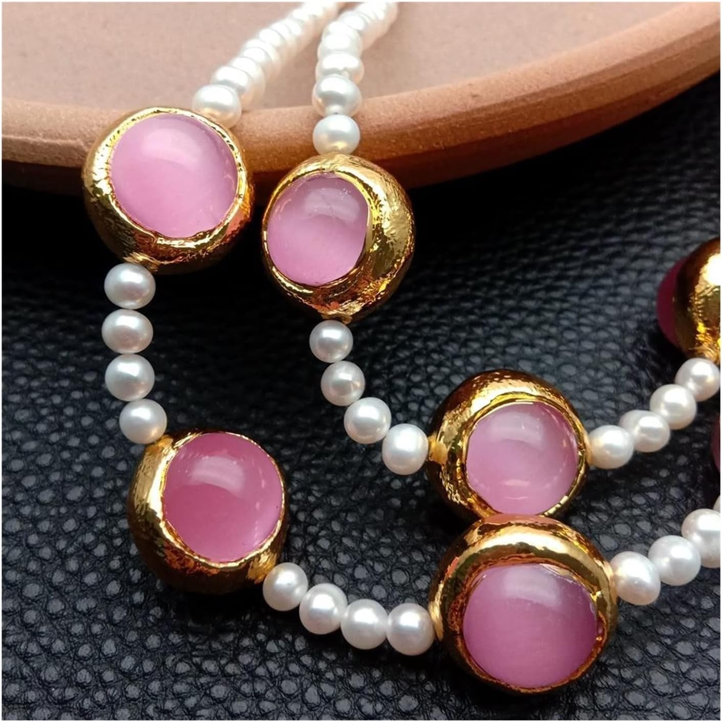 Women's Necklaces 2 Rows White Pearl Cat Eye Gold Plated Necklace Multi Strands Jewelry 18inch