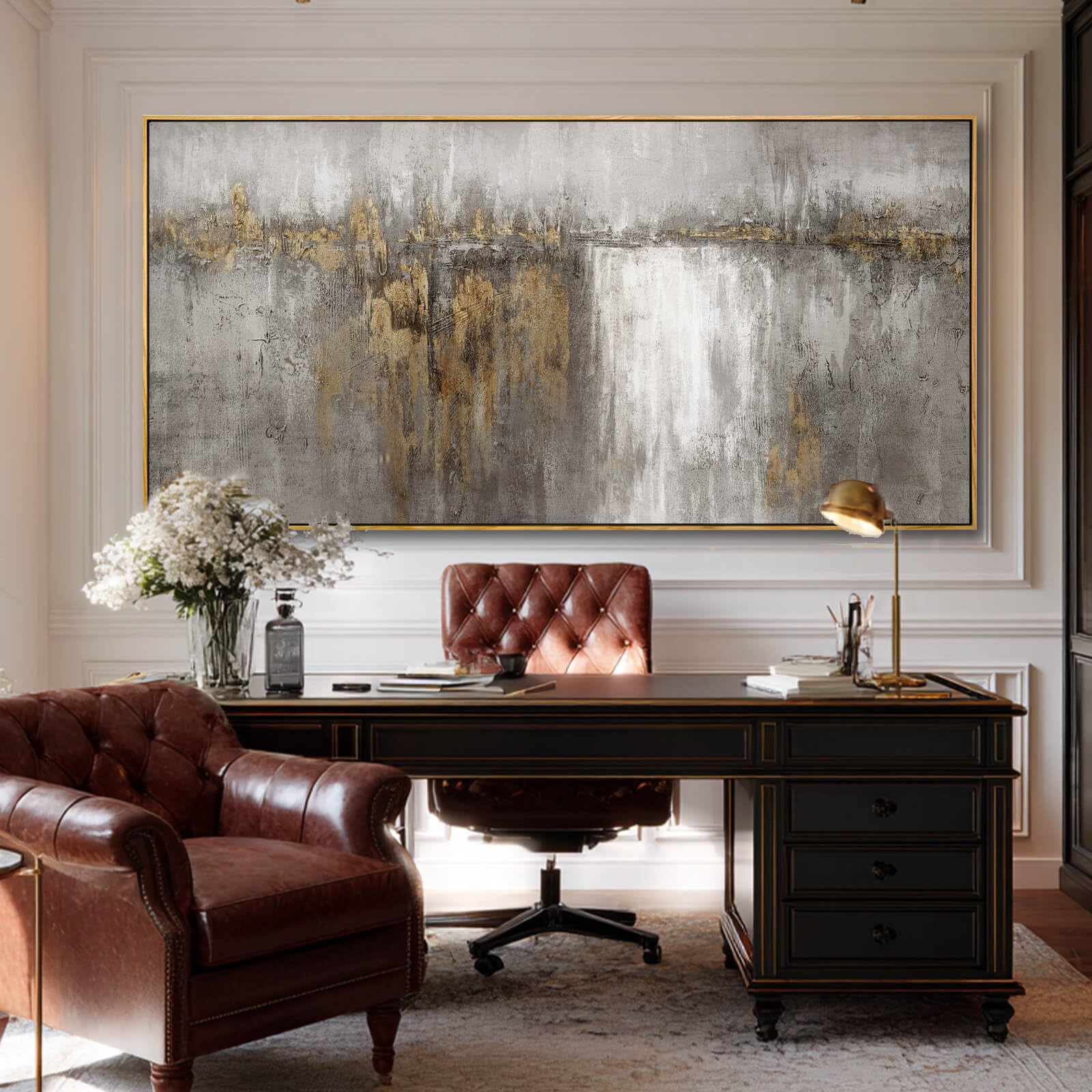 Photo 1 of Neutral Canvas Arts Gold Wall Art Decor Framed Abstract Pictures Grey Prints Artwork for Living Room Bedroom Dining Room Home Office Decor 29”x58”