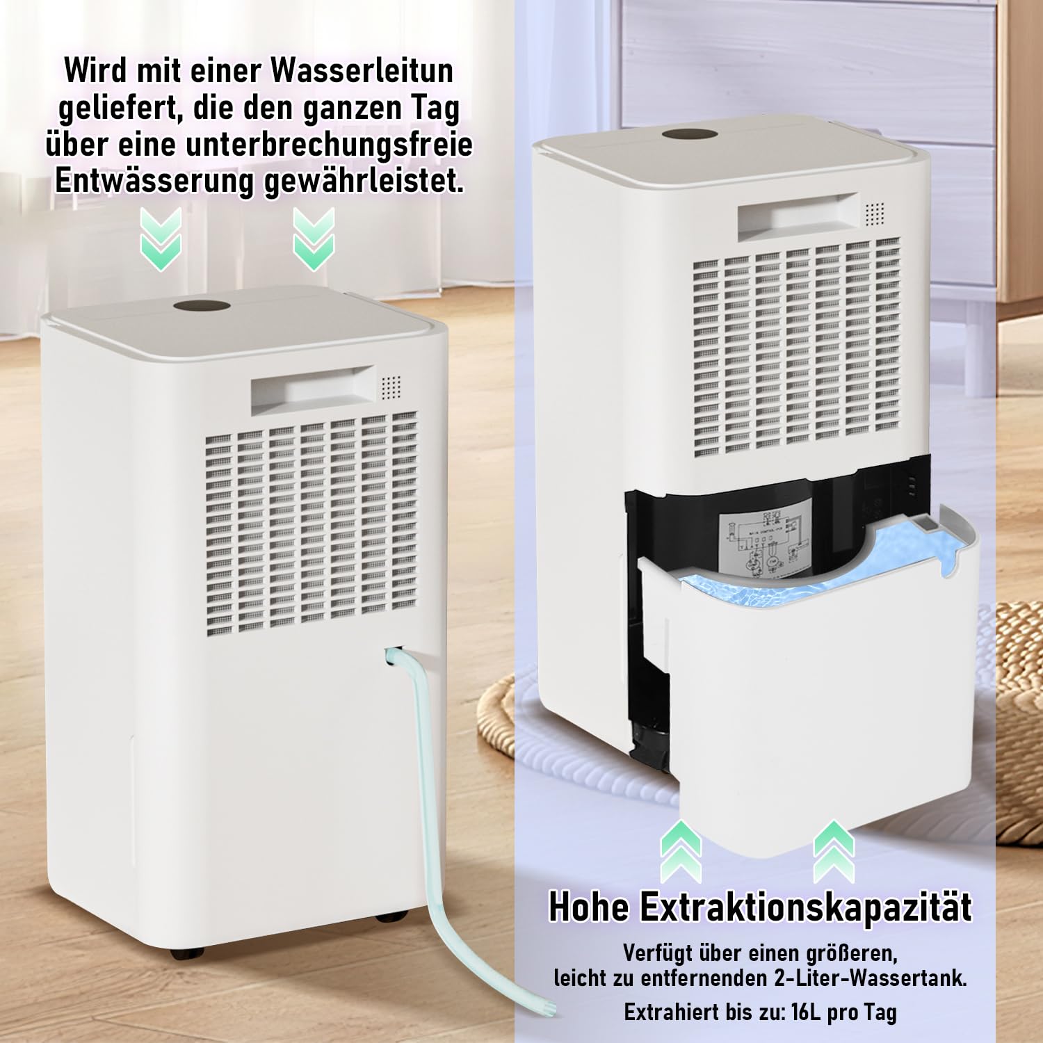 Osuszacz powietrza 16 l w 24 h wydajność osuszania, wielkość pomieszczenia ok. 15-20 m² z wyświetlaczem LED, bardzo cichy, suszenie prania, timer, ochrona przed wilgocią, pleśnią,