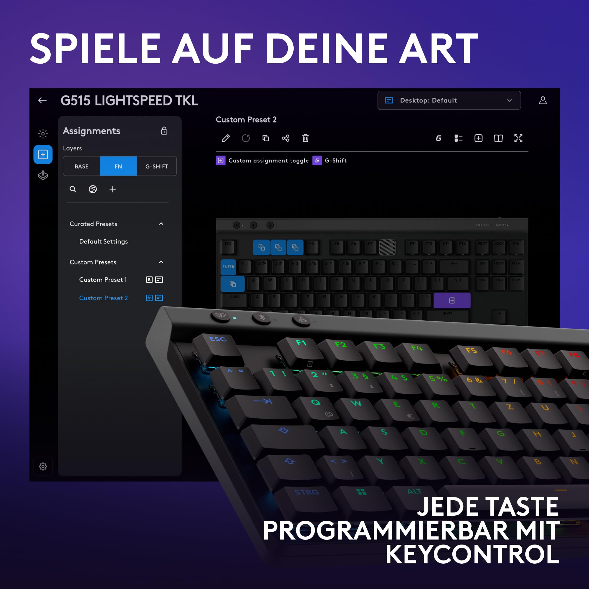 Logitech G G515 Lightspeed TKL kabellose Gaming-Tastatur, LIGHTSYNC RGB, dünnes Profil, PBT-Tastenkappen, taktile Switches, Deutsches QWERTZ-Layout Schwarz
