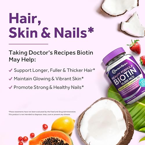 Miniatura 3 de Doctor's Recipes Biotina 10,000 mcg, crecimiento del cabello, piel y uñas saludables, metabolismo energético, biotina apta para vegetarianos, con