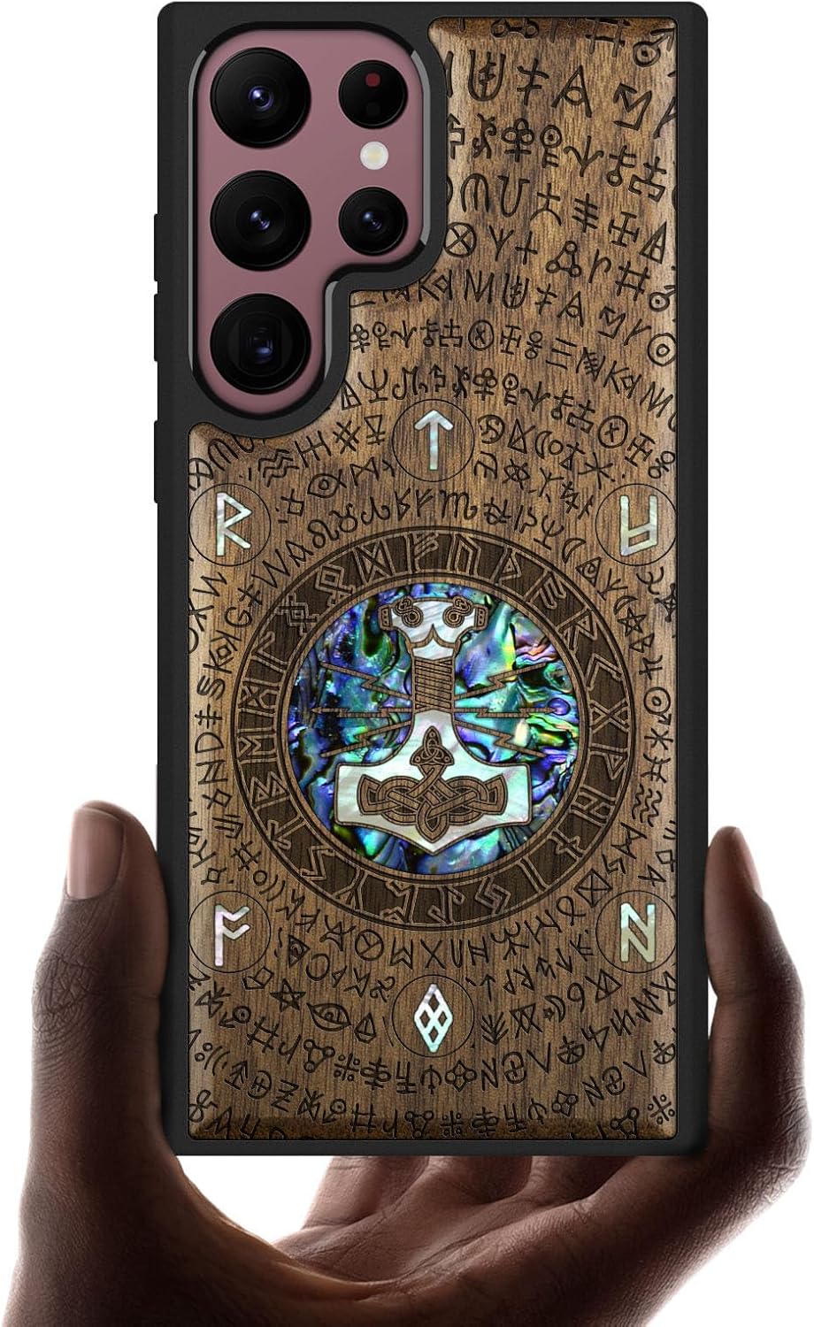 Carveit Designer Wooden Cover for Samsung Galaxy S22 Ultra Case [Wood Engraving & Shell Inlay] Wood Phone Case Compatible with Wireless Chargers Galaxy S22 Ultra (Thors Hammer-Walnut)