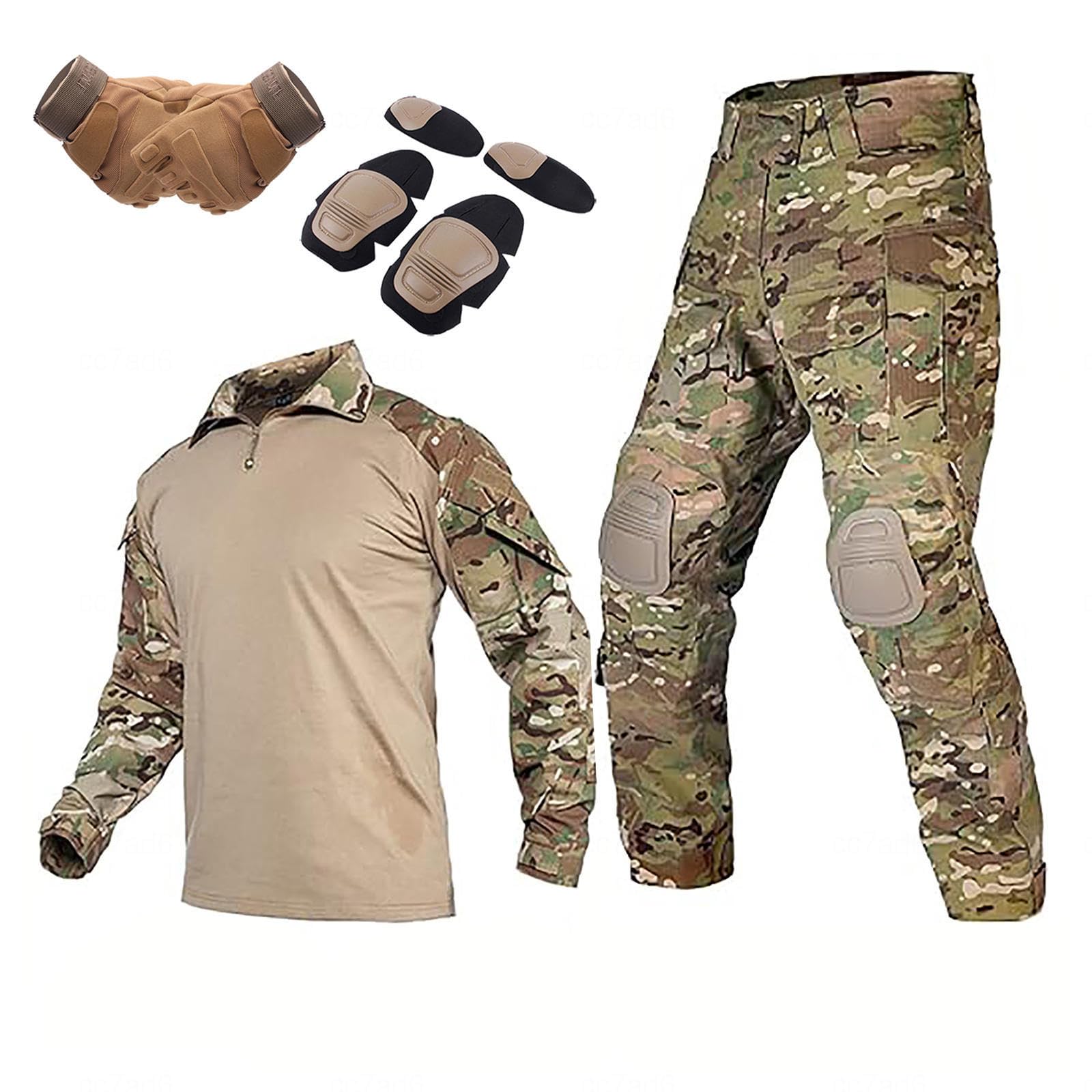 HAZARA Combinaisons Tactiques Militaires Uniformes Rip-Stop à Manches Longues Pantalon De Camouflage Homme avec Coudières,Genouillères Et Gants De Combat Pantalon De Combat,Camo-S