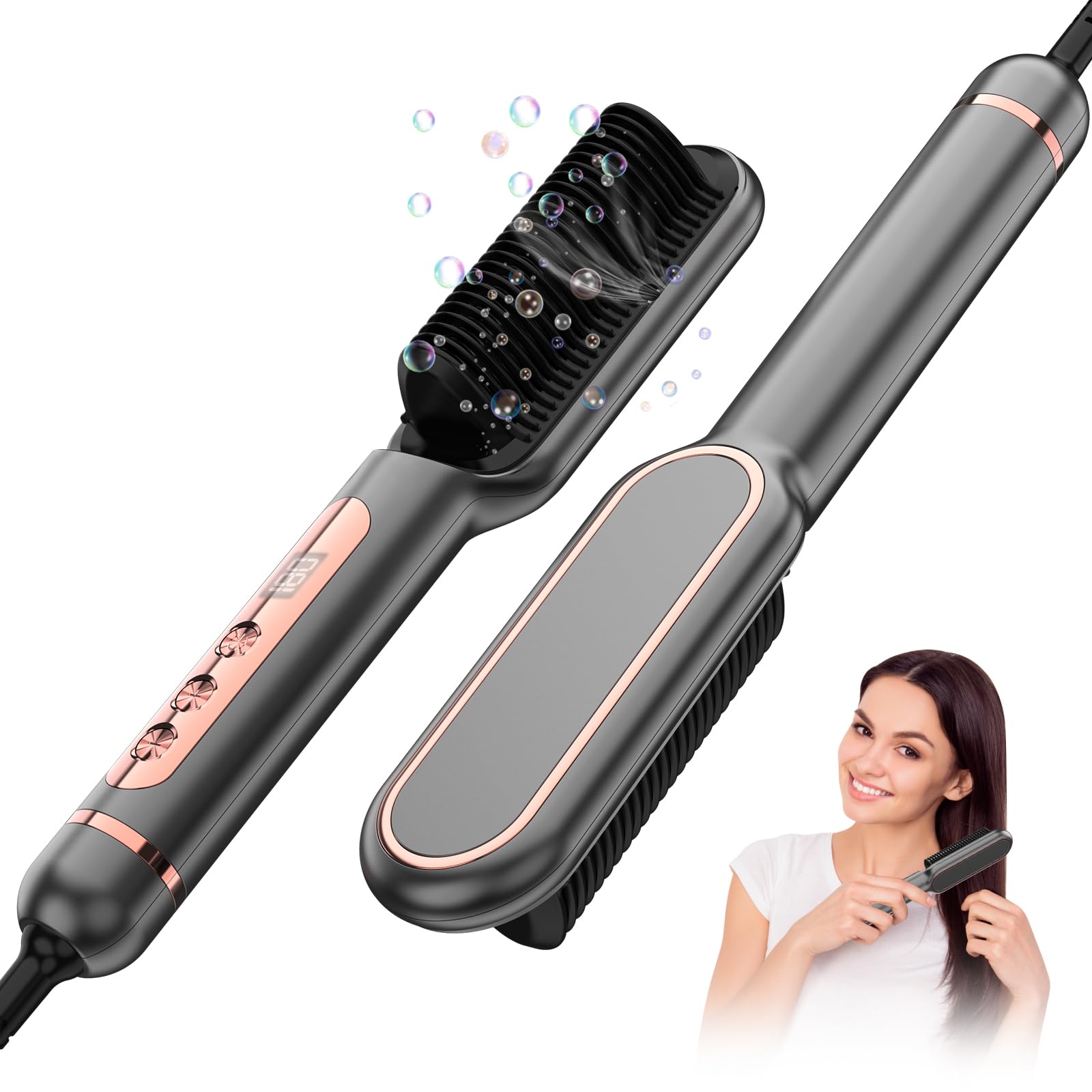 Hair Straightening Brush 2 in 1 30s Fast Heating LCD Display Negative Ionic Hair Straightener Brush Heating Smoothing Brush with 9 Heating Settings Anti-Scald Auto-Off, 360° Rotating Cord