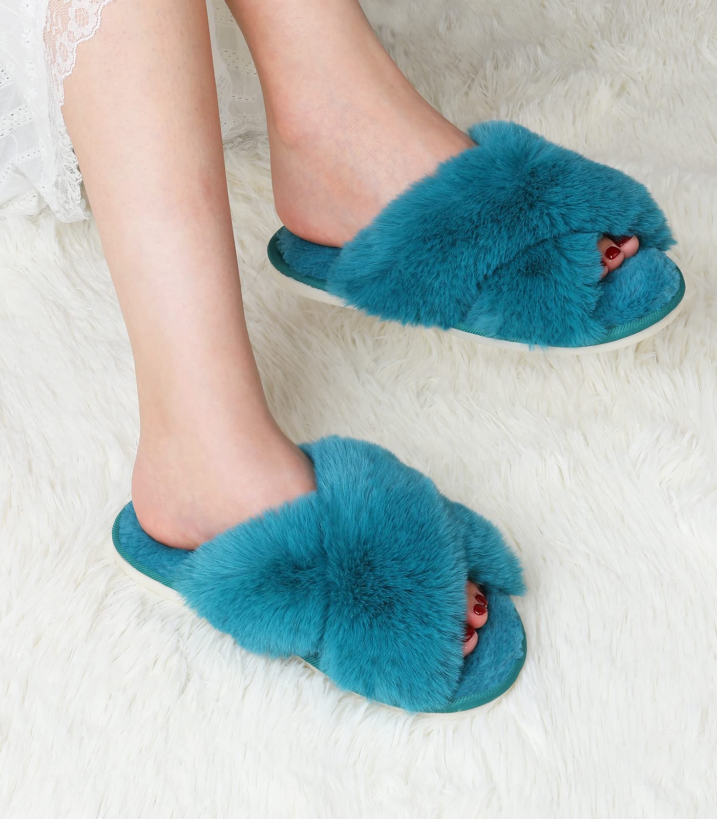 Ankis Womens Fuzzy Memory Foam Slippers Cross Band Cozy Plush Home Slippers Fluffy Furry Open Toe House Shoes Indoor Outdoor Slide Slipper