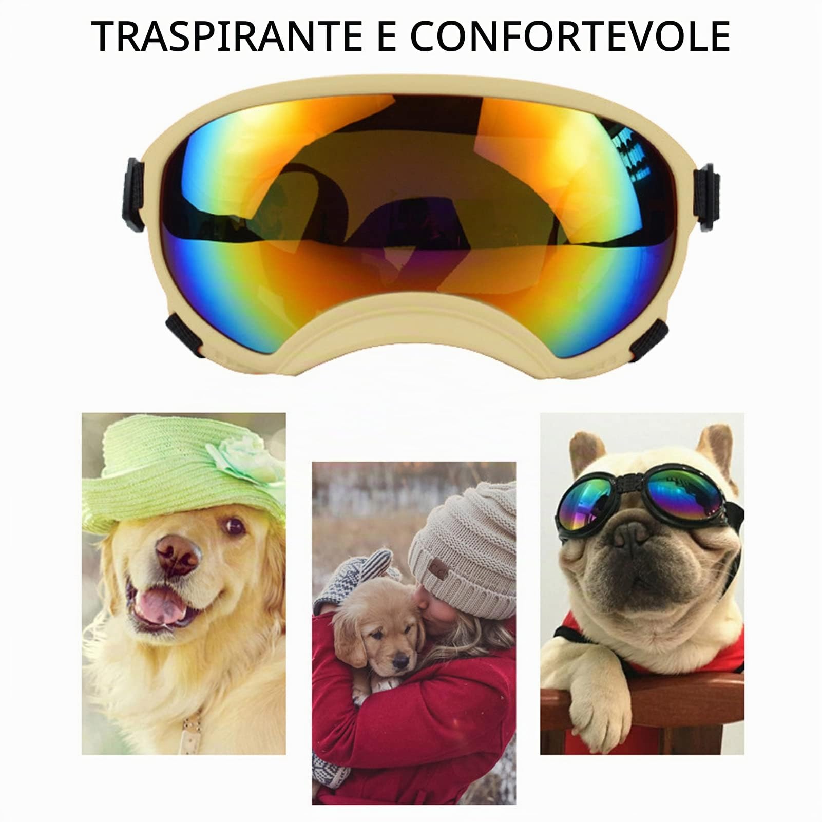 Asixxsix Occhiali per Cani, Occhiali da Sole per Cuccioli di Cane Anti UV Winproof con Cinturino Regolabile Occhiali da Sci Leggeri per Cani, Protezione degli Occhi all'aperto
