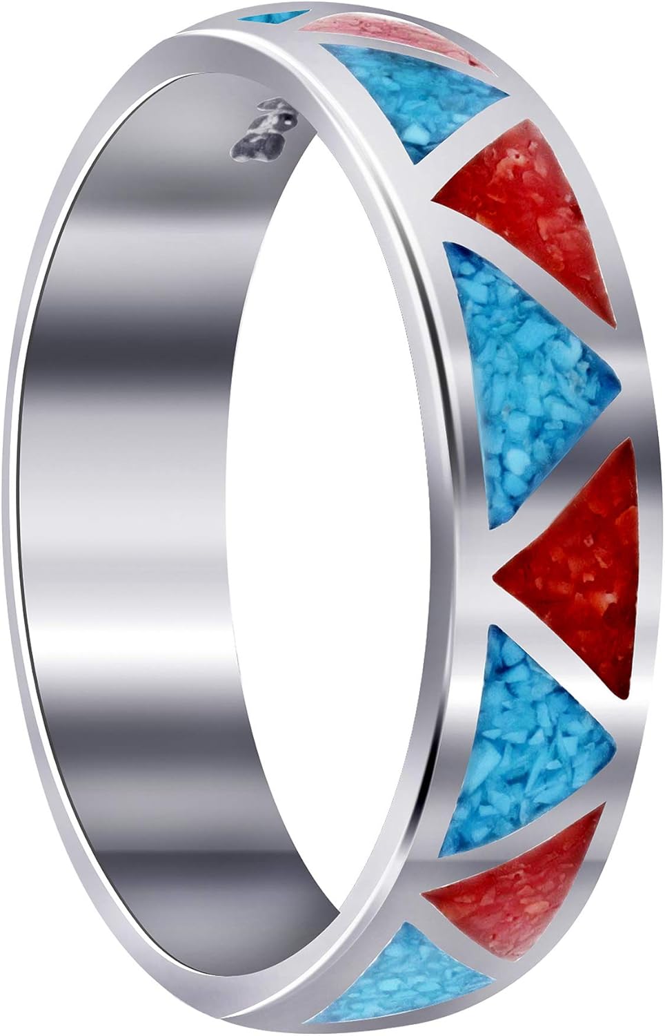 Southwestern Style Turquoise and Coral Gemstone 6mm Wedding Band Sterling Silver Unisex Ring 12
