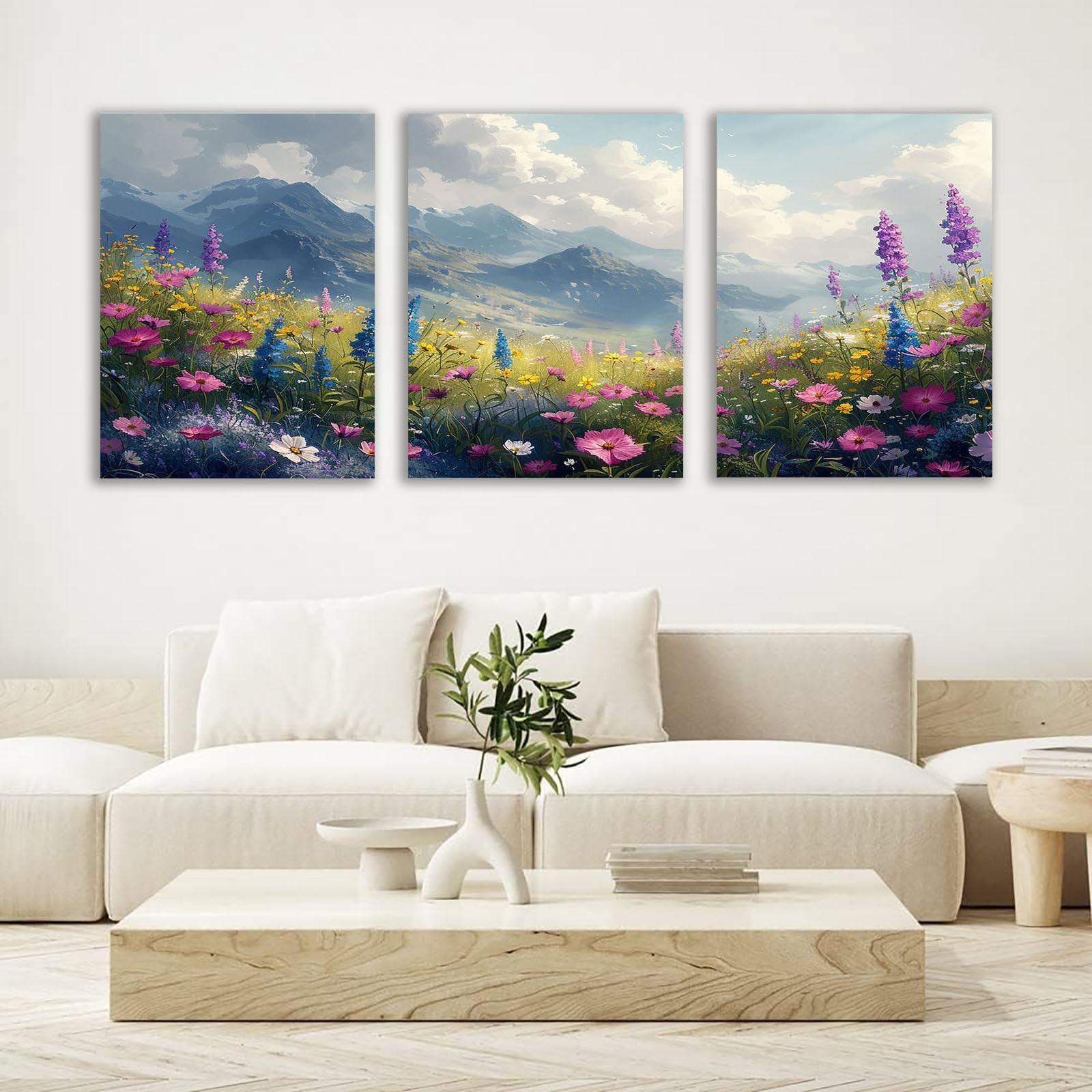 TZKRWRH Panorama Cuadro Personalizado Lienzo, Monta帽as De Flores Silvestres Murales De Pared Sala De Estar Dormitorio Arte De Pared-40x60cmx3 Enmarcado (Gris,Rosa 26)