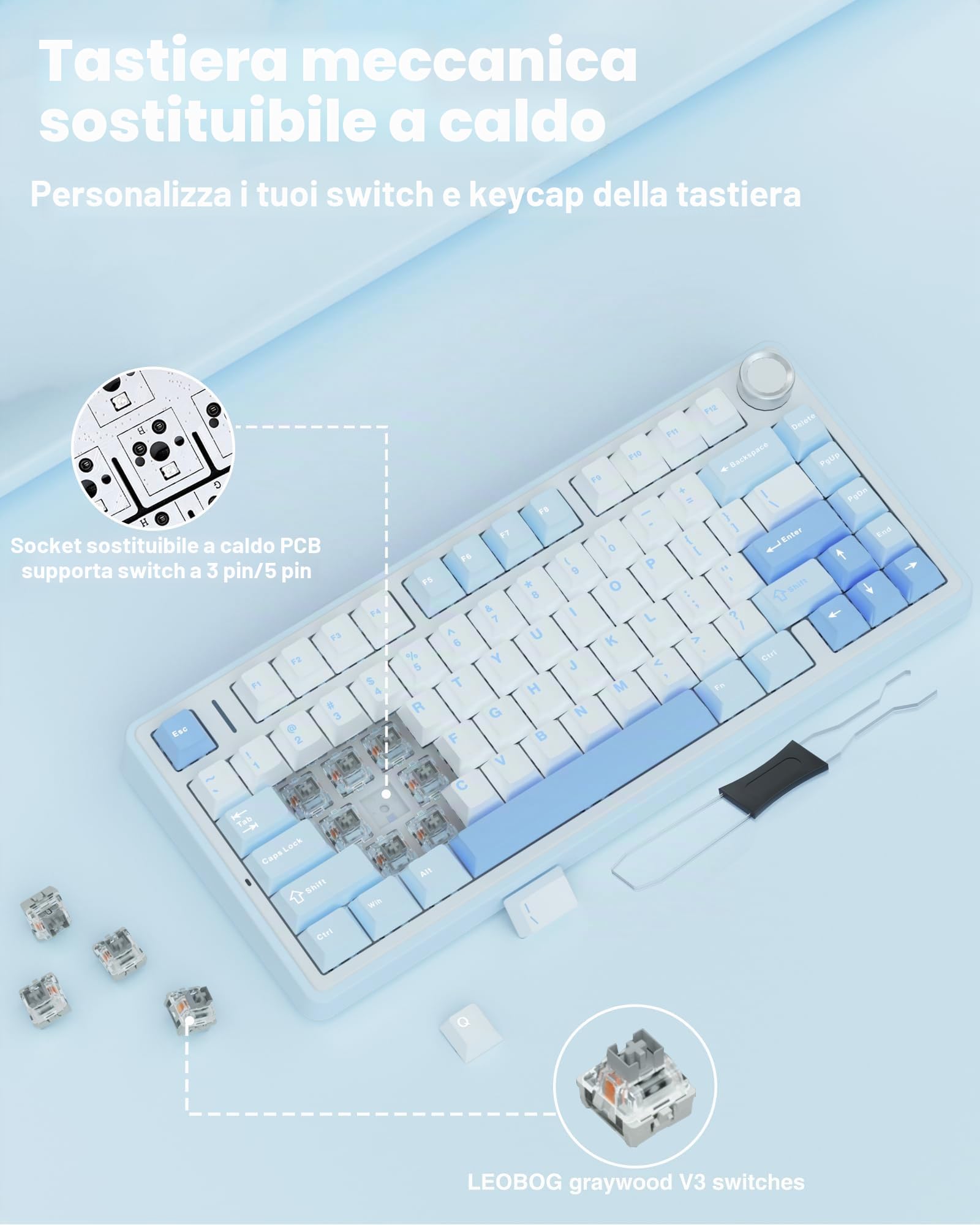 AULA F75 75% tastiera meccanica senza fili, cremoso sostituibile a caldo, interruttori in legno grigio pre-lubrificati, 2.4GHz/Type-C/BT5.0 (blu)