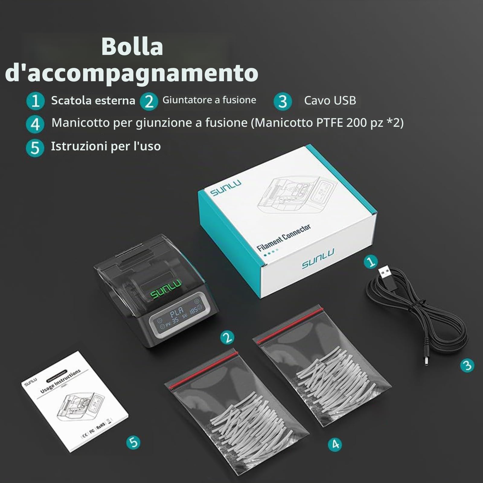 Connettore a filamento con 400 tubi in PTFE, connettore a filamento per filamento per stampante 3D da 1,75 mm, compatibile con PLA PETG TPU ABS PA Nylon