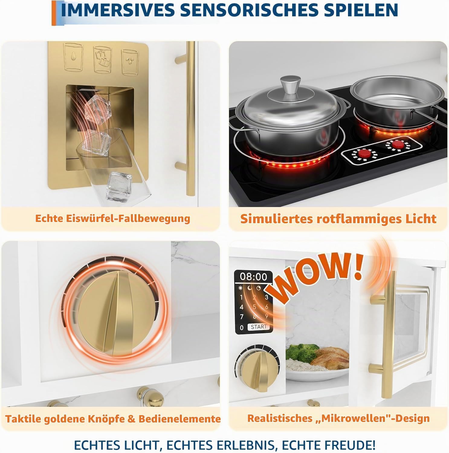 Holz Spielküche 8-in-1 Kinderküche Kaffeemaschine Herd Weiß