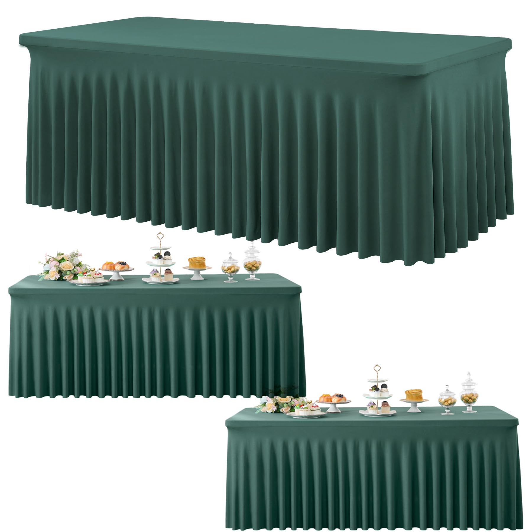 3 Pack Hunter Green Spandex Tablecloth for 6 Foot Rectangle Tables, Wrinkle Free Fitted Table Cloth Cover 6ft Green Stretchy Tablecloths Desk Skirt for Parties Weddings Birthday Banquet Baby Shower