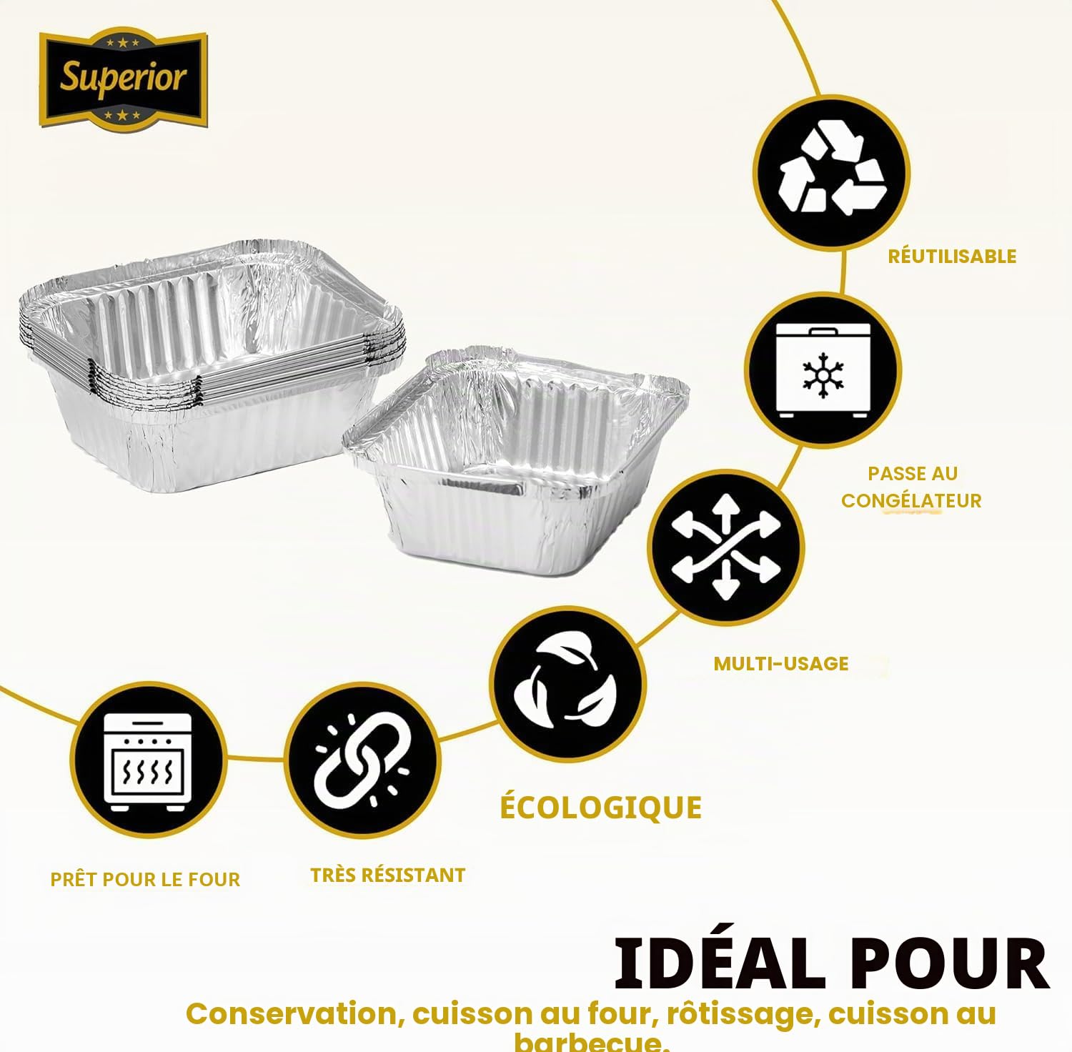 Superior Lot de 50 récipients en aluminium avec couvercles – 0,5 L – Plateaux alimentaires pour la préparation des repas, plateaux en aluminium pour la cuisson, le rôtissage, les plats à emporter et
