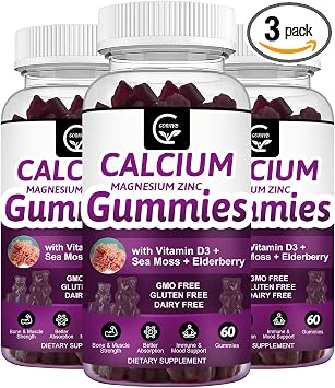 Calcium Magnesium Zinc Gummies with High Absorption Magnesium Glycinate 300mg, Potassium - Plant Complex Calcium Magnesium 21 Ratio, with D3 Sea Moss for Bone, Immune & Sleep Support, Vegan-3 Pack