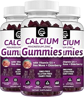 Calcium Magnesium Zinc Gummies with High Absorption Magnesium Glycinate Potassium - Plant Complex Calcium Magnesium 2:1 Ratio, with D3 Sea Moss for Bone, Muscles, Immune & Sleep Support, Vegan-3 Pack