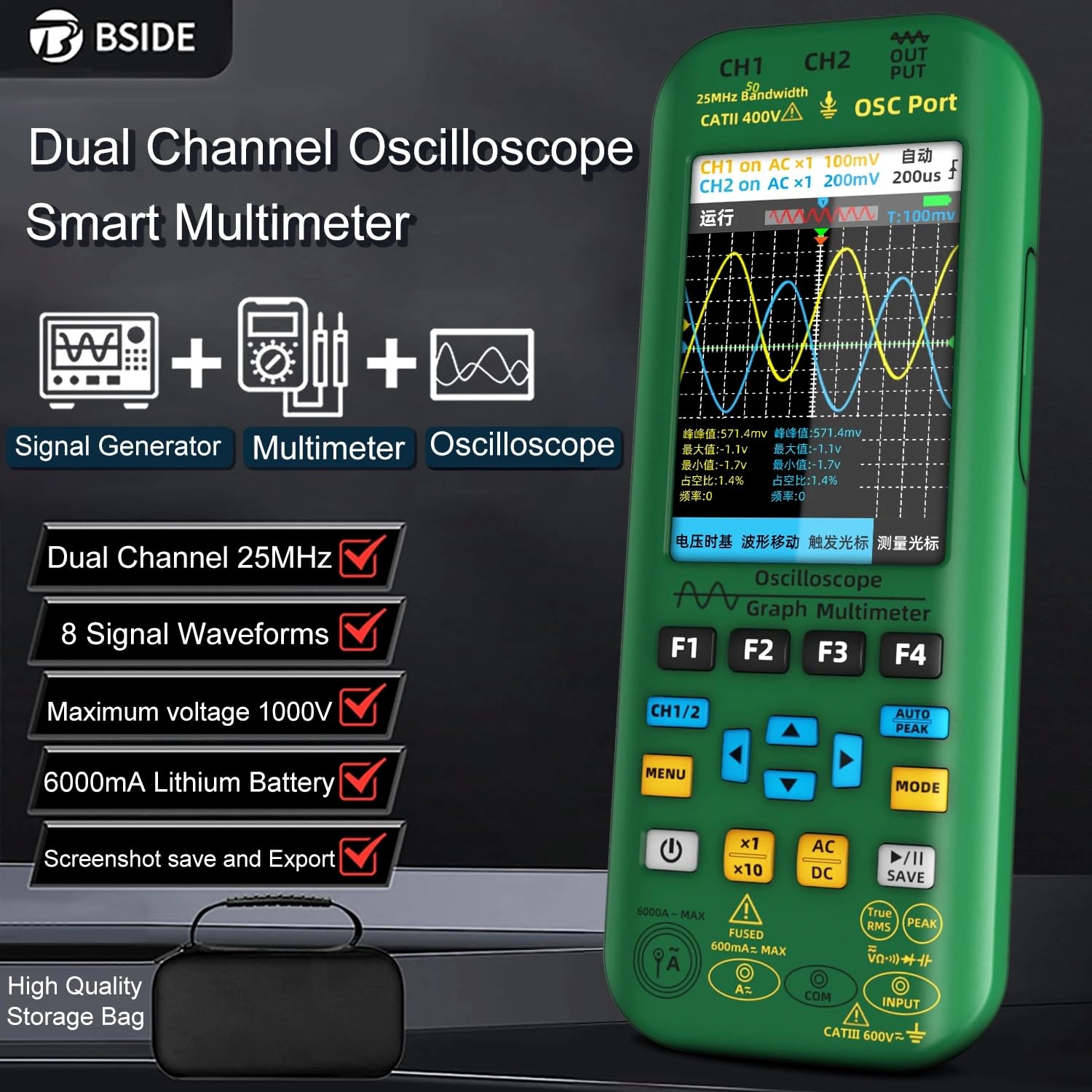 4 in 1 Tragbares Oszilloskop Digital Multimeter + Funktion Dual Channel Automatic Signal Generator Osciloscópio Tools Graftester Stromprüfer (O7 25 MHz)