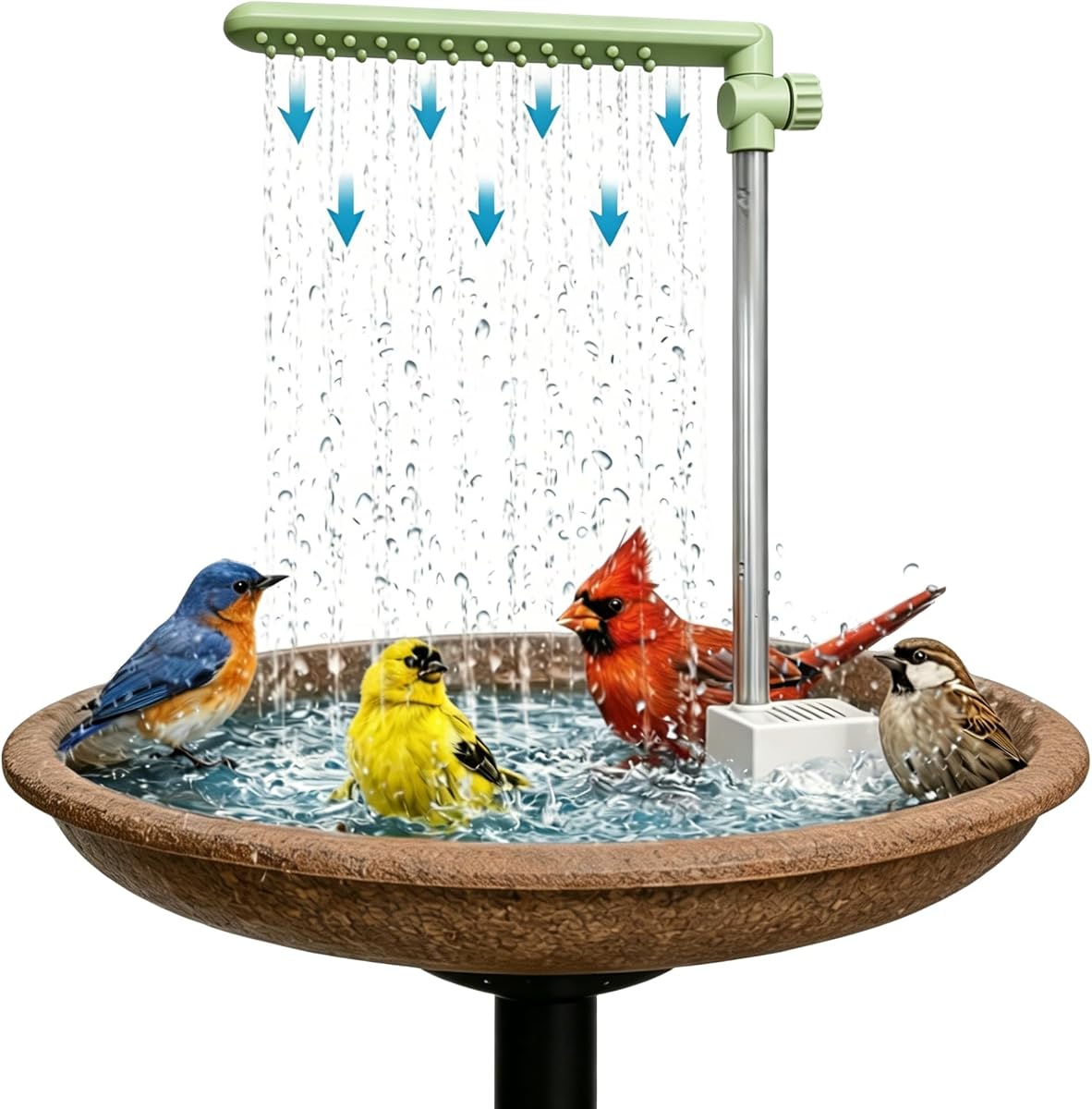 Bomba de fuente de baño para pájaros con tubo de lluvia, grifo de ducha para pájaros al aire libre con válvula de control de flujo de agua (modos de goteo y lluvia), bomba de circulación de agua eléctrica con toalla, accesorios de baño para pájaros de jardín
