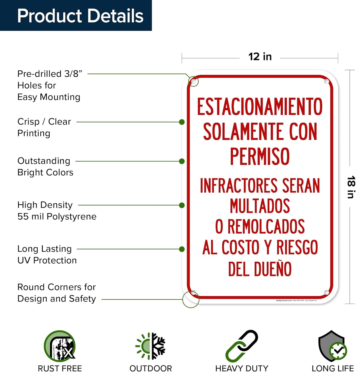 Parking With Permit Only Spanish Sign, 12x18 Inches, 55 mil thick HDPS (high density polystyrene), Made in USA by My Sign Center