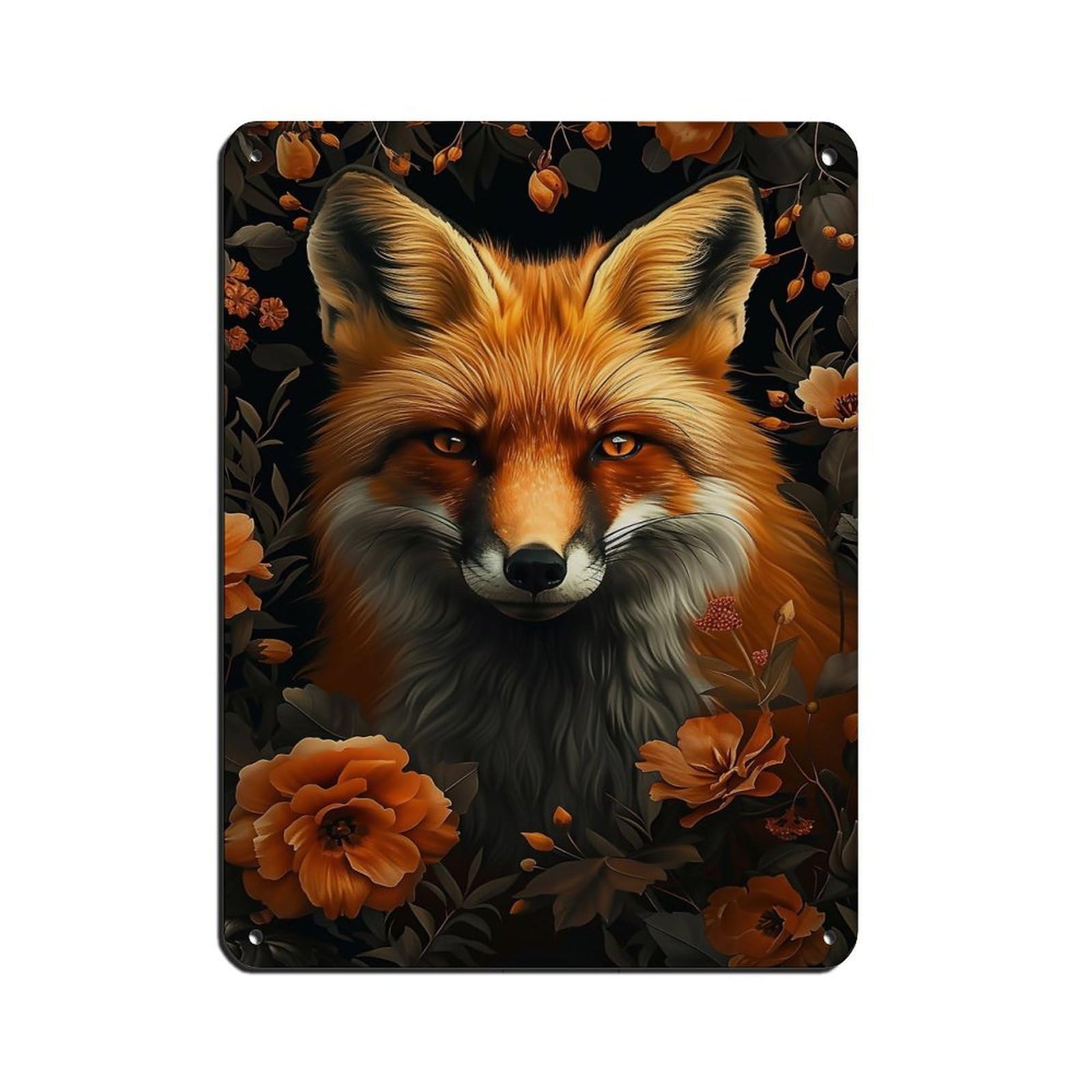 Vintage Floral Fox Poster, Fox Poster Tin Sign Vintage Metal Pub Club Cafe Bar Home Wall Art Decoration Poster Retro 12x16inch(30x40cm)