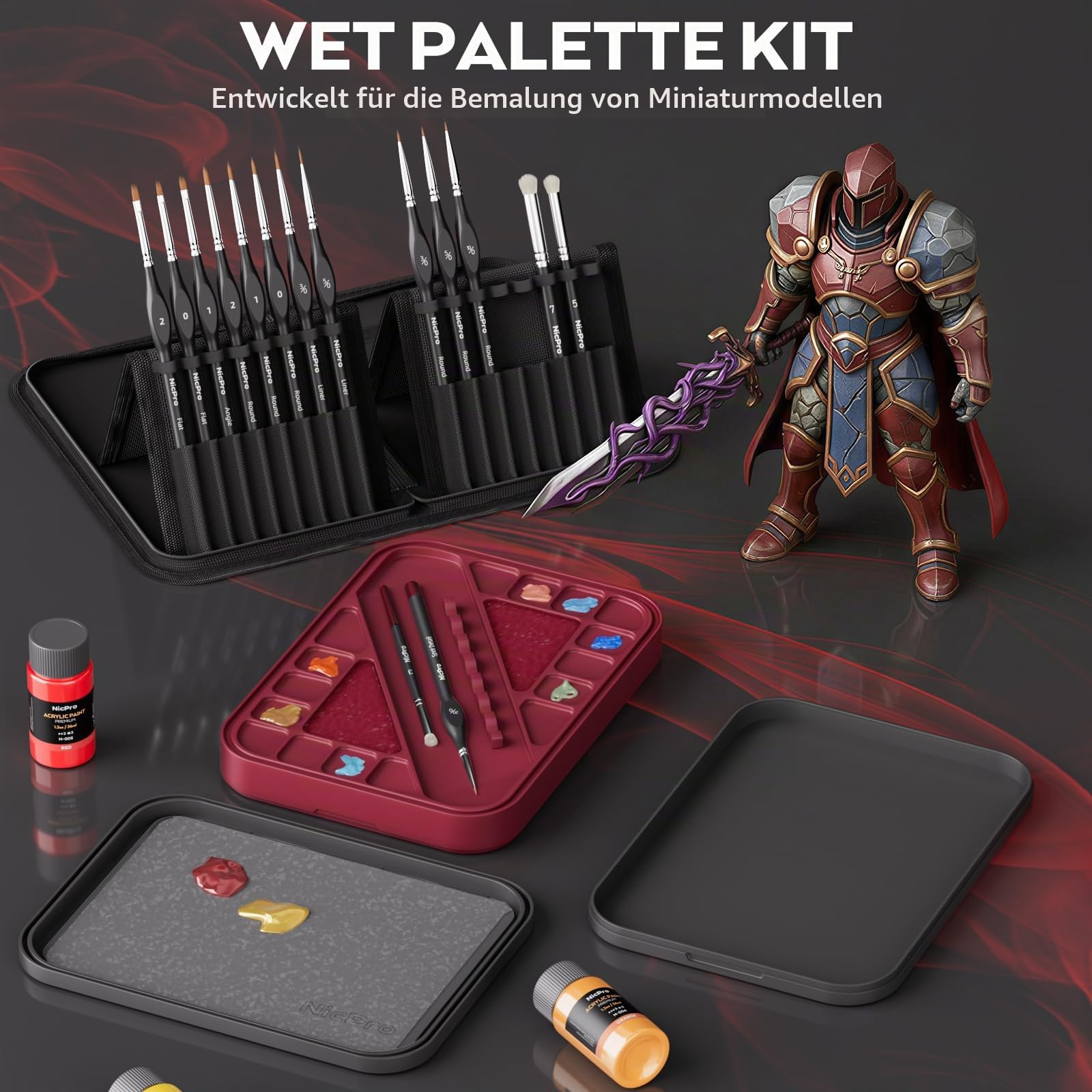 Nicpro Professionelles Miniatur-Malset: Wet Palette, 16 Feine Pinsel, Dry Brush mit Nylontasche, 100 Palettenpapier, 4 Schwämme, Farbmischpalette für Miniaturmodelle | Stay Wet Palette, 16 x Detail-Pinsel, Trockenpinsel mit Nylontasche, 100 x Palettenpapi