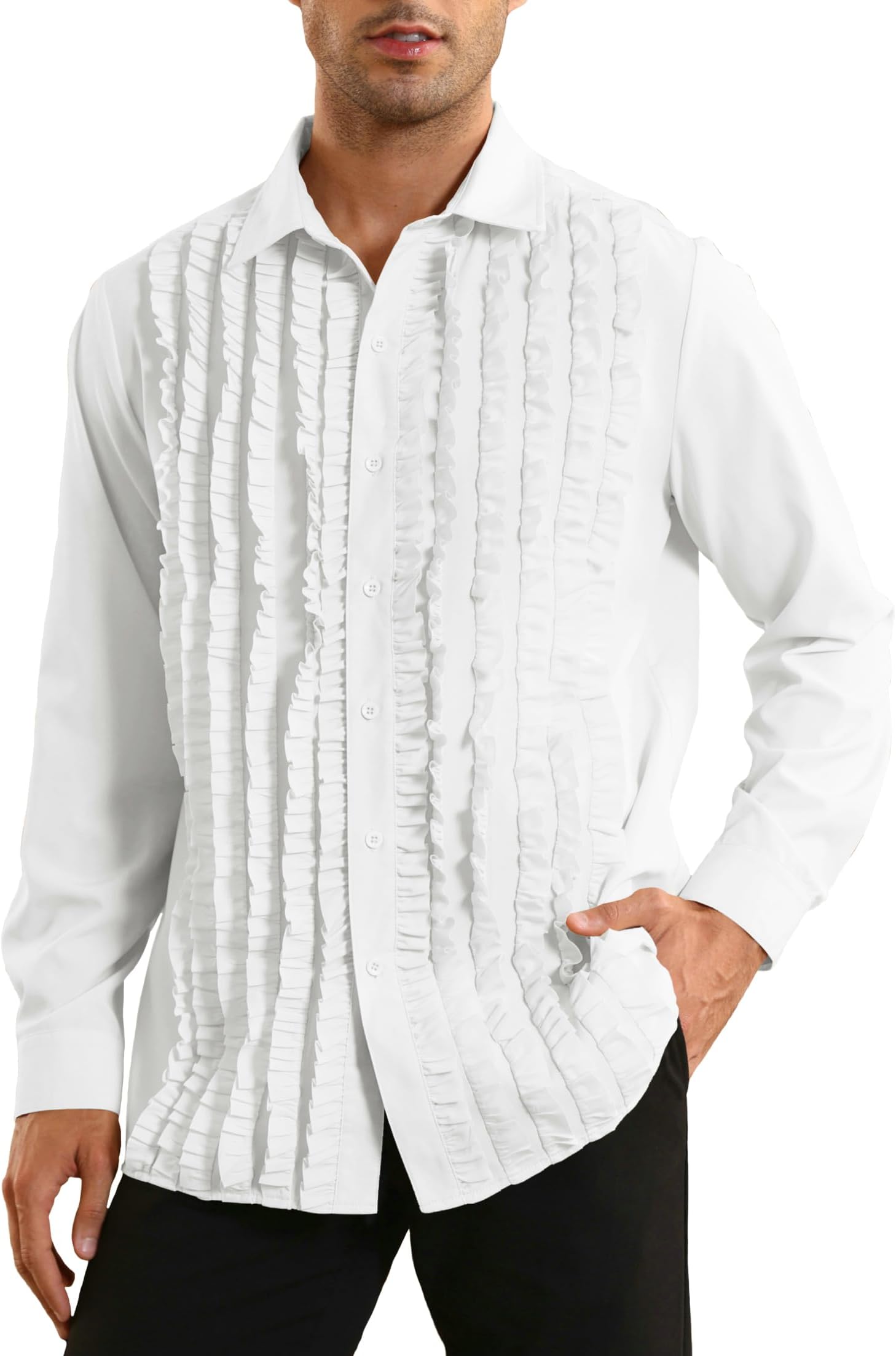 Bbalizko Mens Ruffle Tuxedo Shirt 80s Prom Ruffled Button Down Frill Pleated Ruche Long Sleeve Shirts Top