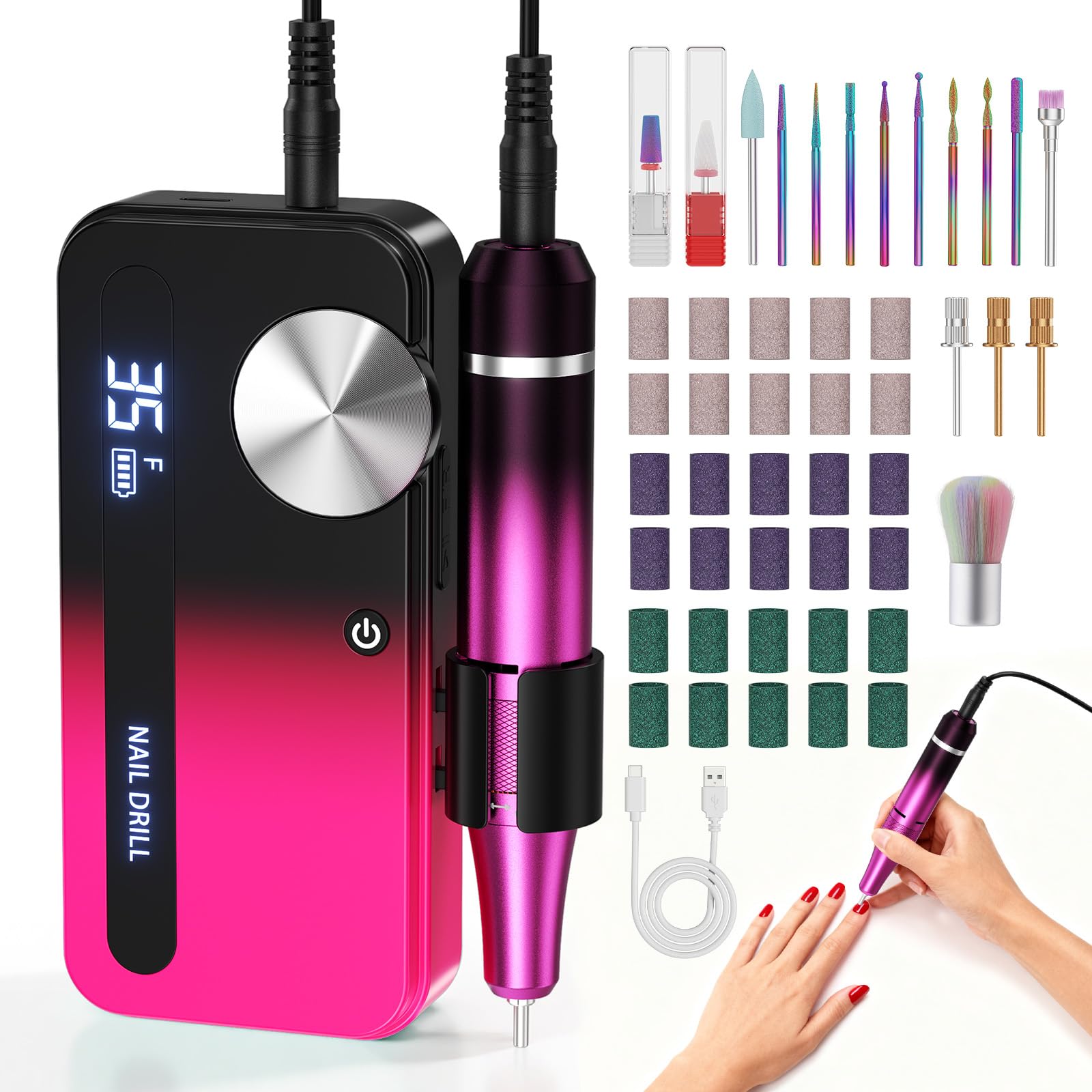Taladro de uñas eléctrico con 12 accesorios de pulido y 30 bandas de lija, 0-35.000 rpm, set de manicura/pedicura para manicura y pedicura para cortar, limarlas, dar forma, cuidar las uñas y la