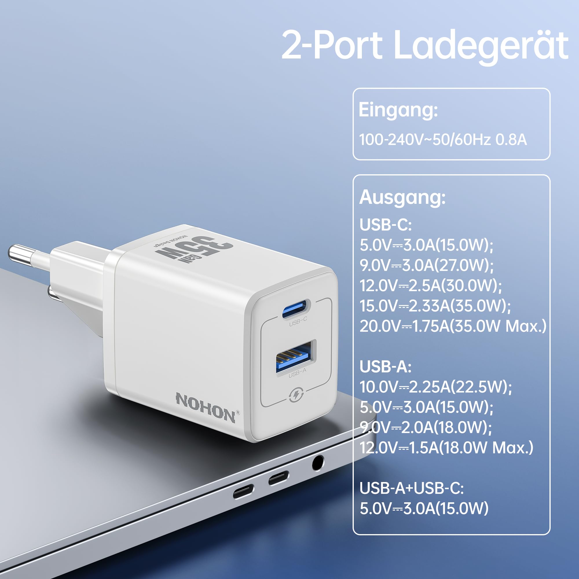 NOHON Ładowarka USB C do szybkiego ładowania: 35 W, zasilacz USB C z kablem do ładowania typu C 1 m, 2 porty GaN, wtyczka ładowania telefonu komórkowego kompatybilna z iPhone 15/14/13/12 Mini Pro