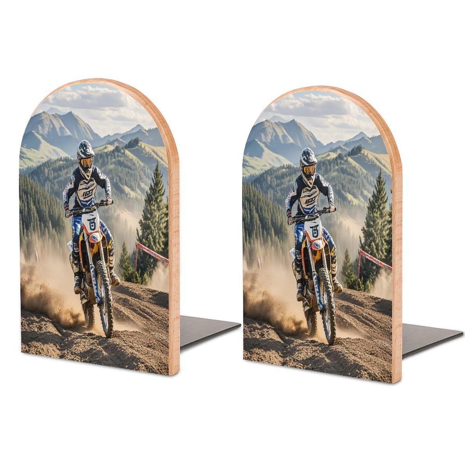 Motocross Book Ends Wood Non-Skid Bookend for Shelves Heavy Duty Bookends with Metal Base Decorative Books Stopper Desk Organizers Book Dividers for Office Home 1 Pair