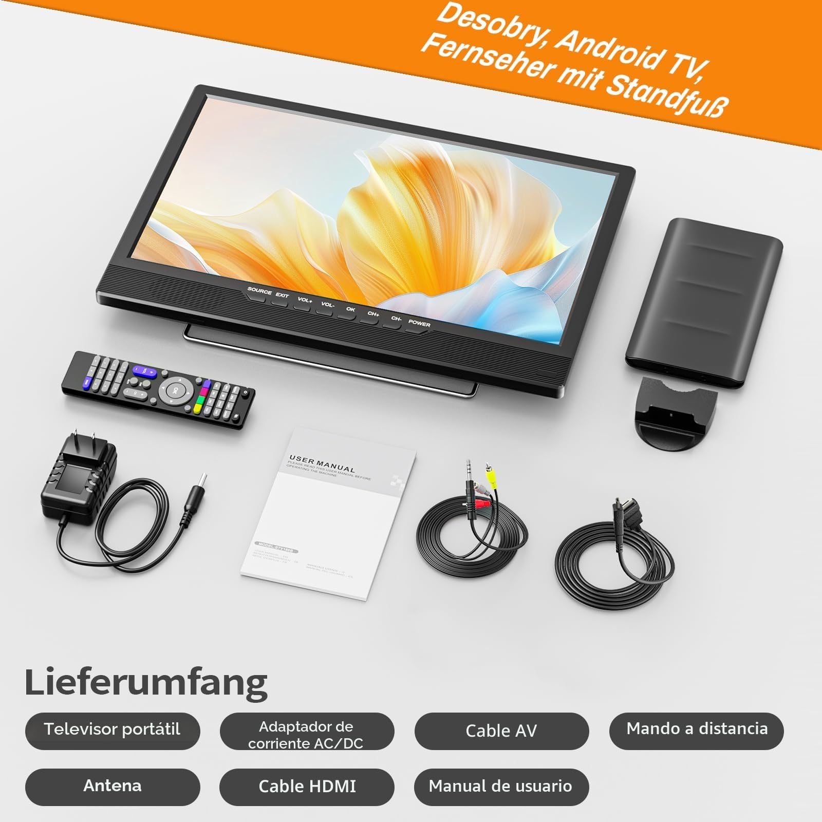 Smart TV Android de 18 pulgadas, Desobry Televisor portátil pequeño con DVB-T2 y antena, entradas HDMI AV y USB, 12V TV ideal para autocaravanas, dormitorios, cocinas, campings y vehículos recreativos