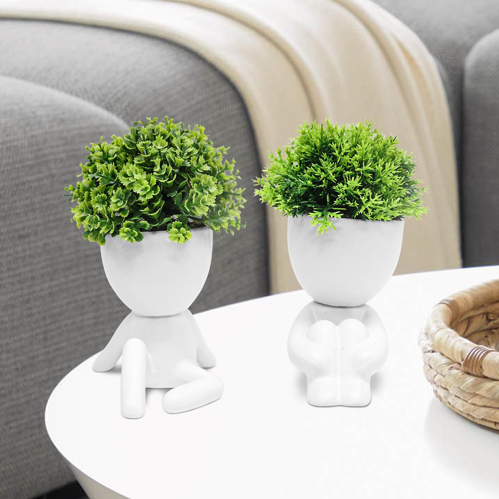 MAKHOT Paquete de 4 plantas suculentas artificiales creativas en macetas de cerámica con forma humana, lindas suculentas sintéticas para habitación, baño, hogar, oficina, escritorio, decoración