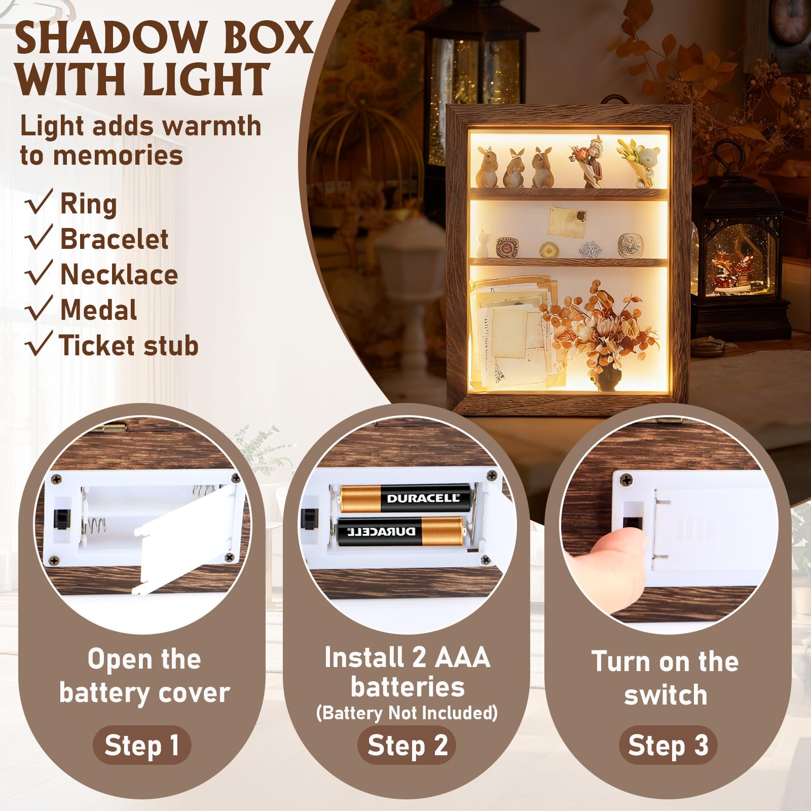 Shadow Box 14 x 11 brązowe ramki na zdjęcia z oświetleniem LED, pudełka na pamiątki z 4 wyjmowanymi półkami na drobiazgi, na rocznicę, ślub, dla absolwentów dziecka, pamiątka, zbieraj głęboki brąz