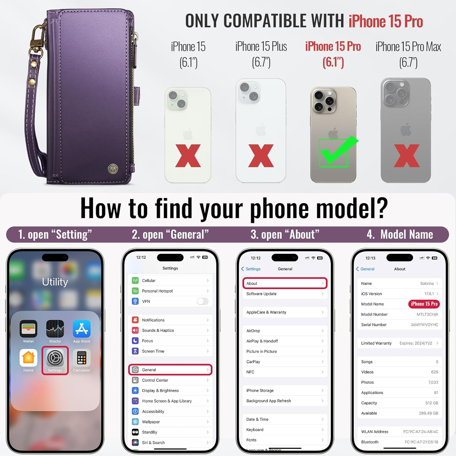 Defencase Compatible with iPhone 15 Pro Case Wallet with RFID Blocking Card Holder for Women Men, Soft PU Leather Magnetic Snap Flip Zipper Strap Wallet Phone Case Fit for iPhone 15 Pro 6.1", Purple
