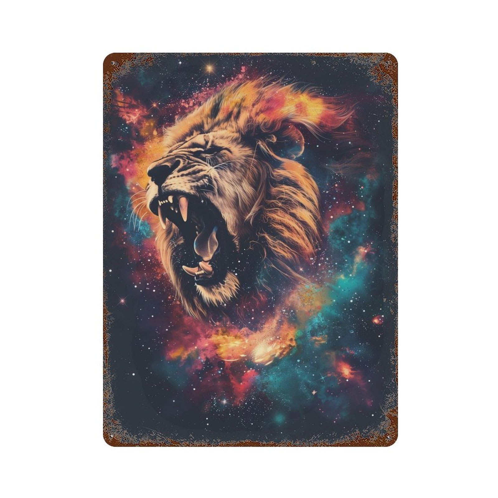 Cosmic Lion Roar Vintage Wall Sign 15.7"x11.8", Rust Effect Metal Decor for Living Room, Hallway And Home Decor