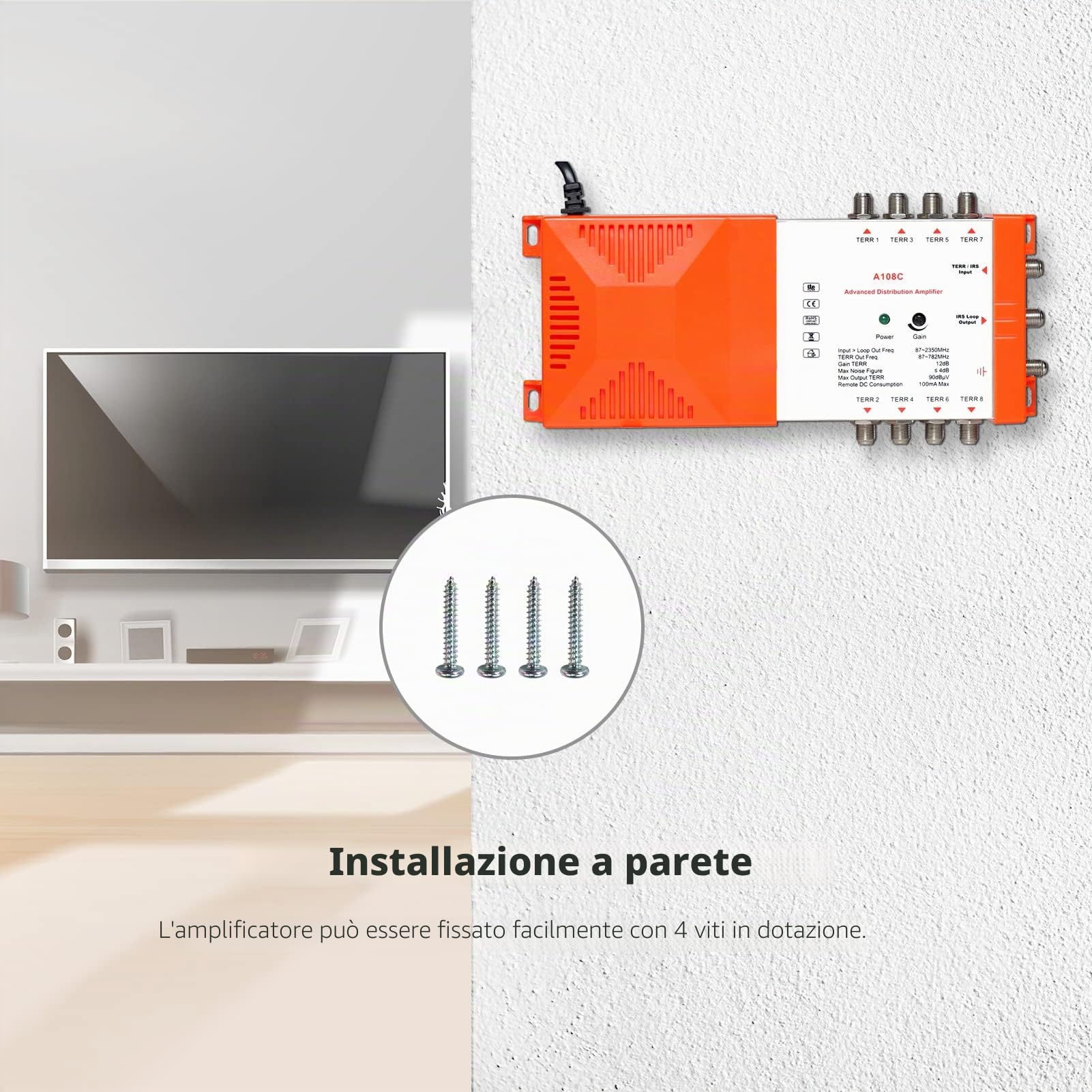 HUIOP Amplificatore di distribuzione professionale a 8 vie con TV terrestre loop-through IRS e amplificatore di distribuzione radio 87-2350 MHz Antenna TV Ripetitore di segnale A basso rumore Alto gua