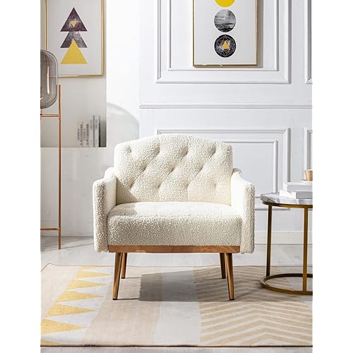 KINFFICT Modern Accent Chair, Upholstered Single Sofa Arm Chair for Living Room and Bedroom, Comfy Armchair with Solid Tapered Metal Legs, White