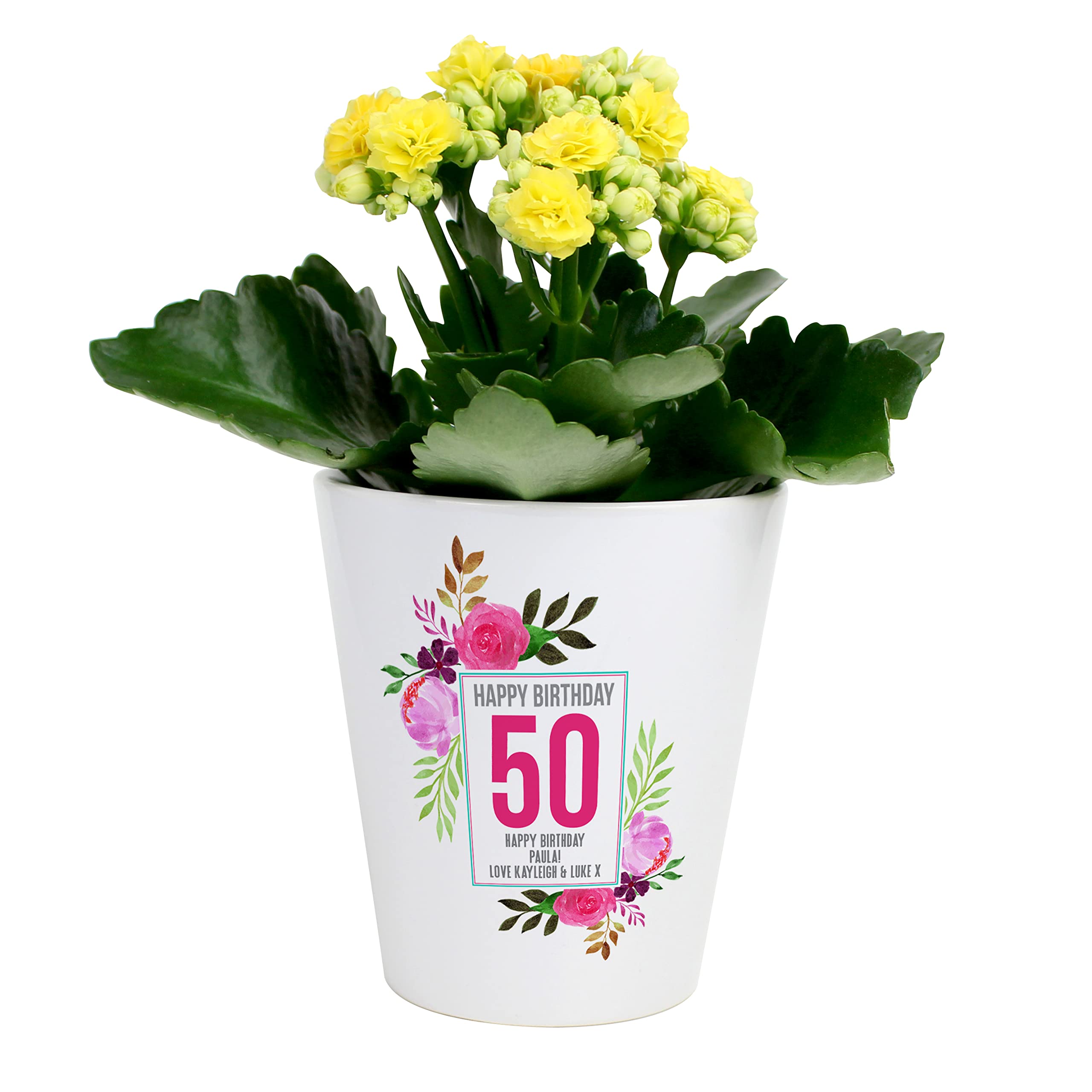 The Gift Experience Personalised 50Th Birthday Plant Pot | Birthday Gifts | Watercolour Floral Design | 10Cm Tall