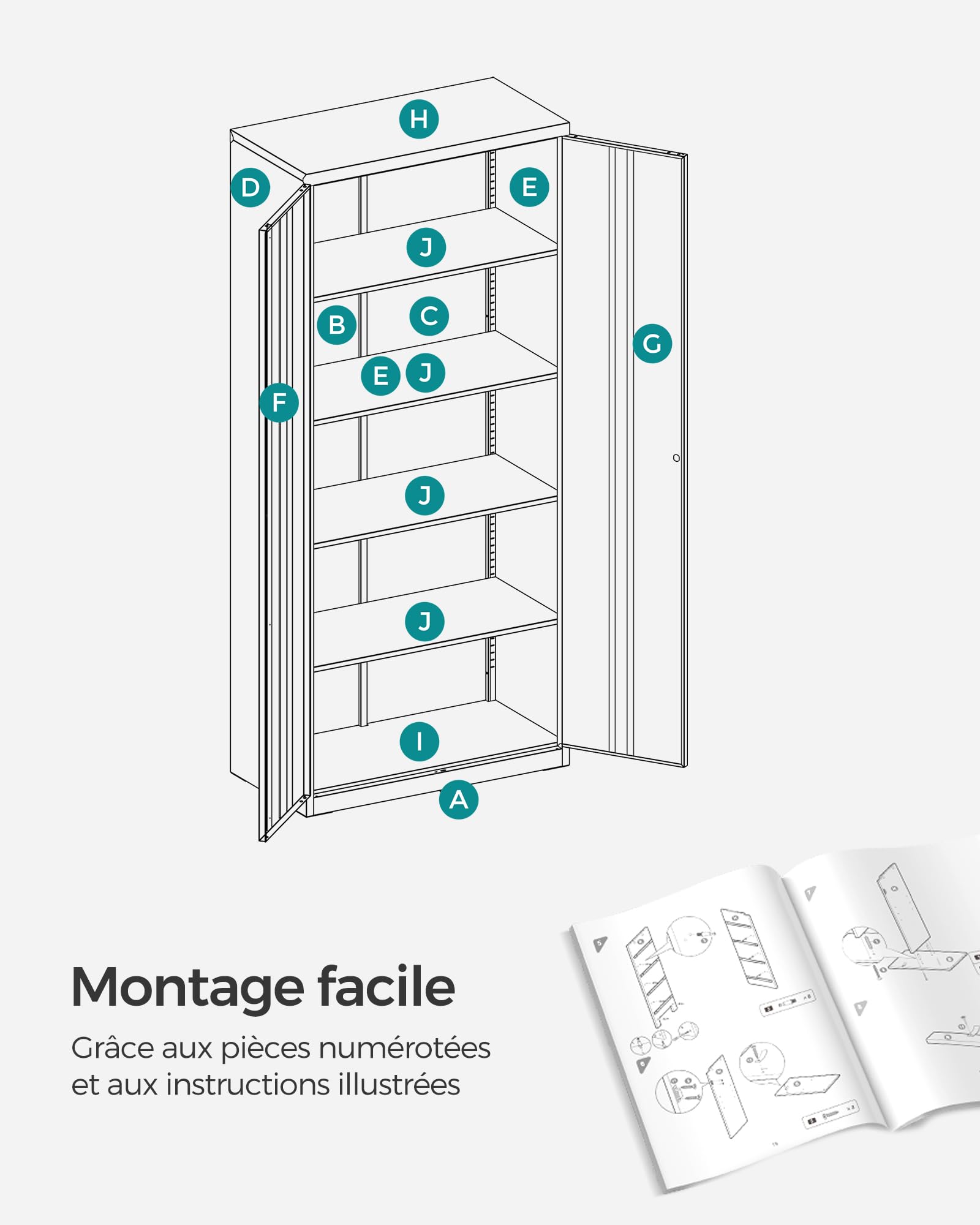 SONGMICS Meuble de Rangement Bureau, en Acier, Placard, 5 Niveaux, 40 x 80 x 180 cm, Doubles Portes, Serrure, Armoire à Outils, Étagères Réglables, pour Garage, Bureau, Blanc Mat OMC015W01