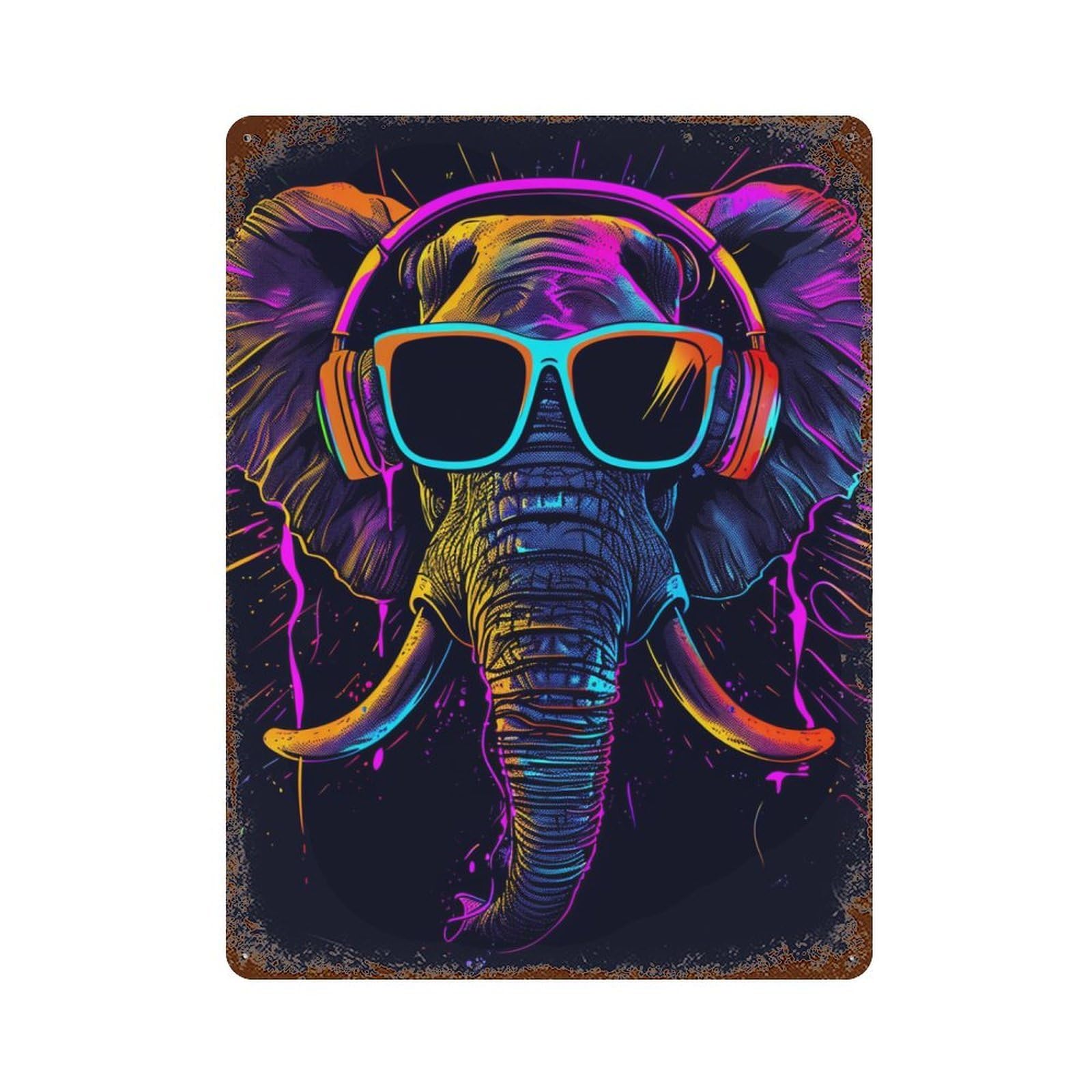Neon Elephant Headphones Art Print -4 Vintage Metal Tin Sign 15.7"x11.8", Ideal for Shed, Workshop And Garage Wall Decor