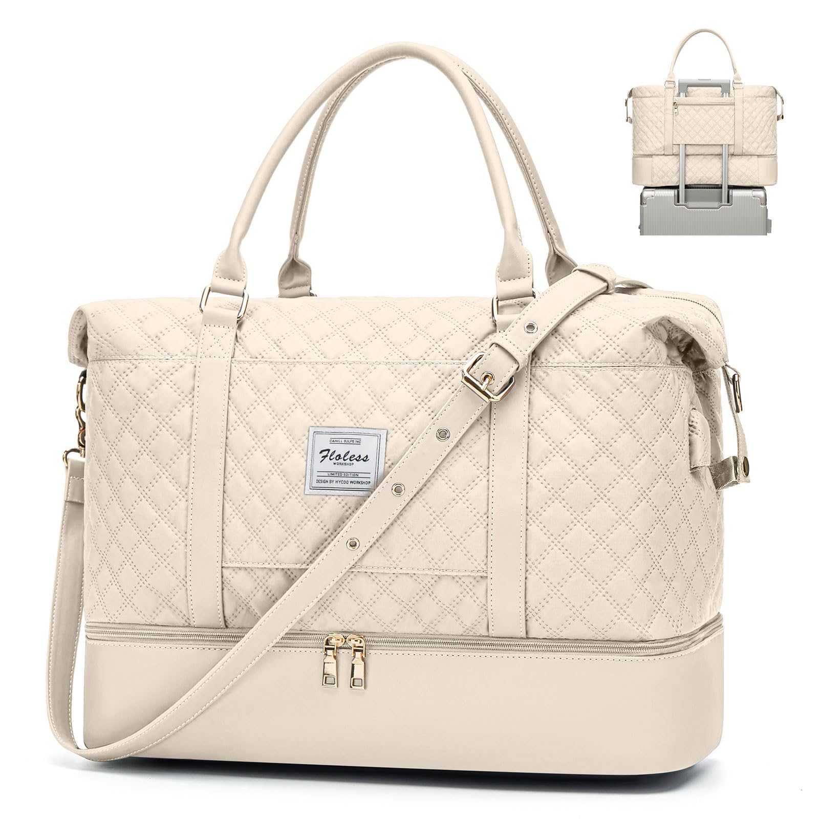 Travel Duffel Bag with Shoes Compartment, Shoulder Weekender Overnight Bag for Women,Travel Tote Bag Sports Gym Bag with Wet Pocket Off White