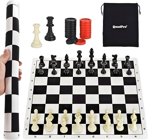 Juego de ajedrez y damas portátil de 17 pulgadas, juego de mesa de ajedrez de viaje enrollable 2 en 1 con 2 reinas adicionales y 2 piezas de cuadros
