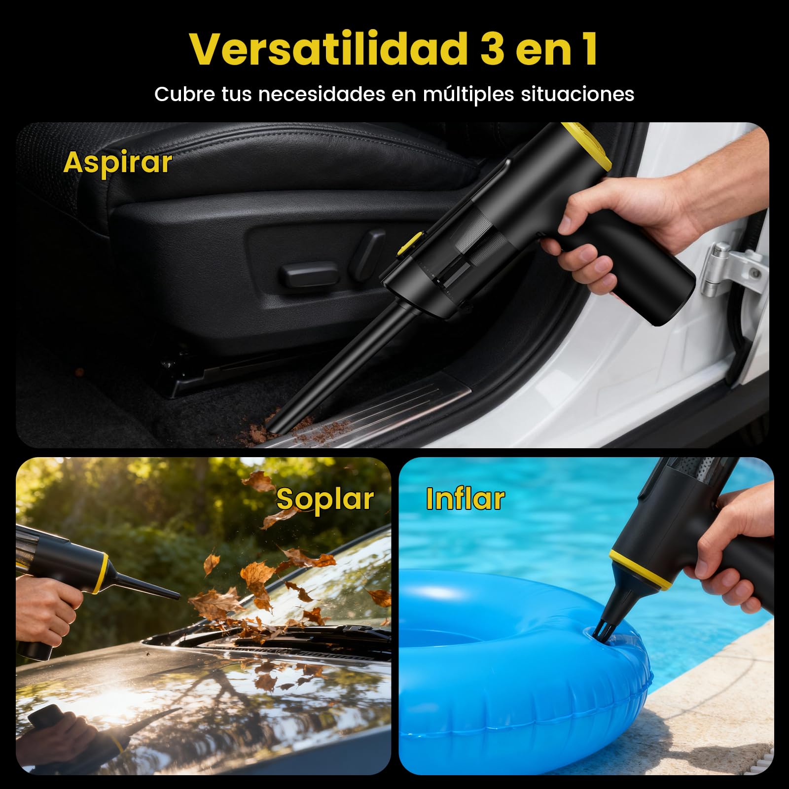 V5 Aspiradora de Mano sin Cable 28KPa/60Min,Aspiradora Coche Potente | Mini Aspiradora de Mano Portátil 3 en 1 Aspirar/Soplar/Inflar, Pantalla LED, Luz Verde y Filtro HEPA