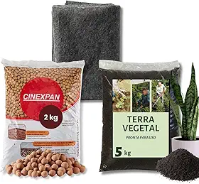 Kit Plantio Completo Terra Vegetal + Manta Bidim + Argila Expandida Montagem para Vasos e Jardinagem