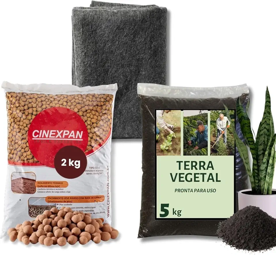 Kit Plantio Completo Terra Vegetal + Manta Bidim + Argila Expandida Montagem para Vasos e Jardinagem
