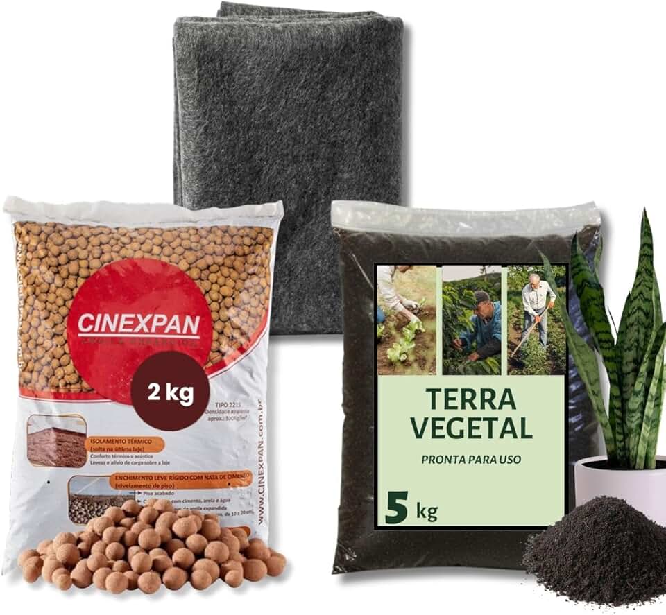 Kit Plantio Completo Terra Vegetal + Manta Bidim + Argila Expandida Montagem para Vasos e Jardinagem