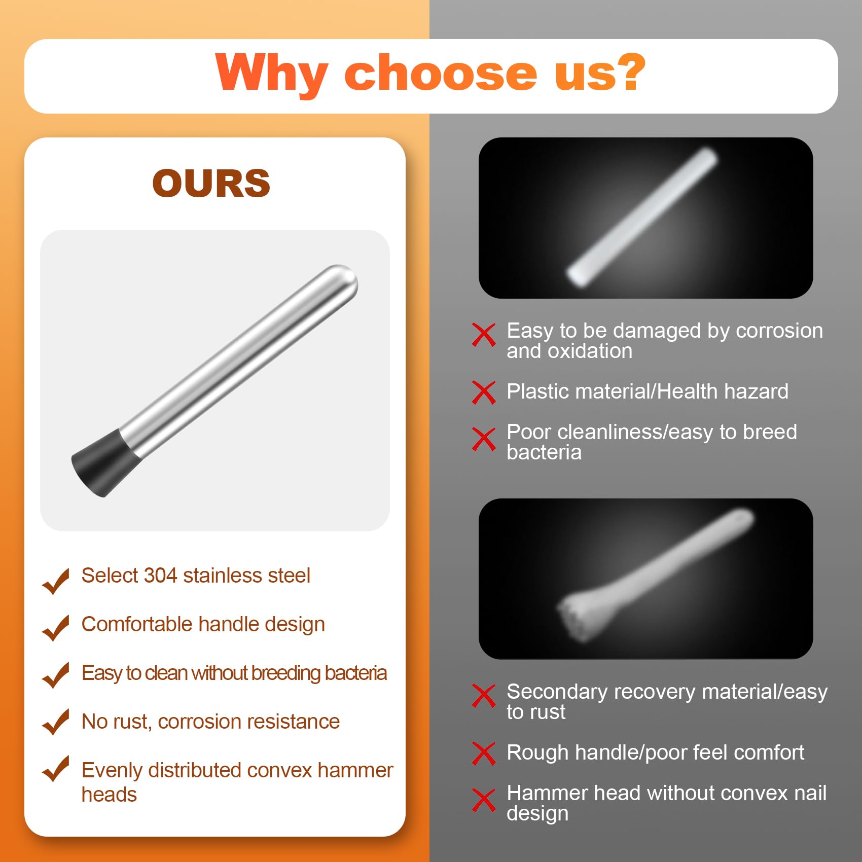 Pasuihcay Stainless Steel Muddler for Cocktails,Mixing Spoon and Measuring Jigger,Professional Bar Tools,8-Inch Bar Muddler, Silver