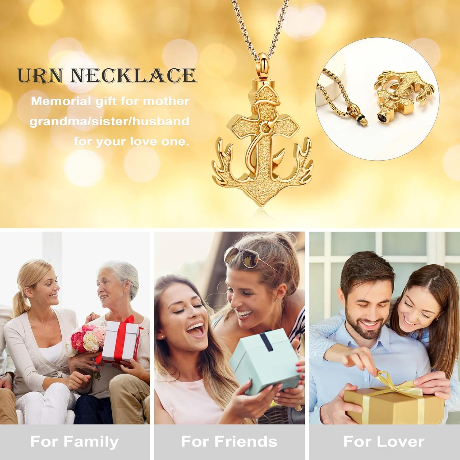 Cross Anchor Cremation Jewelry Fish Hook Urn Necklace for Ashes Deer Antler Stainless Steel Ashes Pendant for Women Men Keepsake Memorial Jewelry Ashes Lockets for Loss of Loved One - Image 3