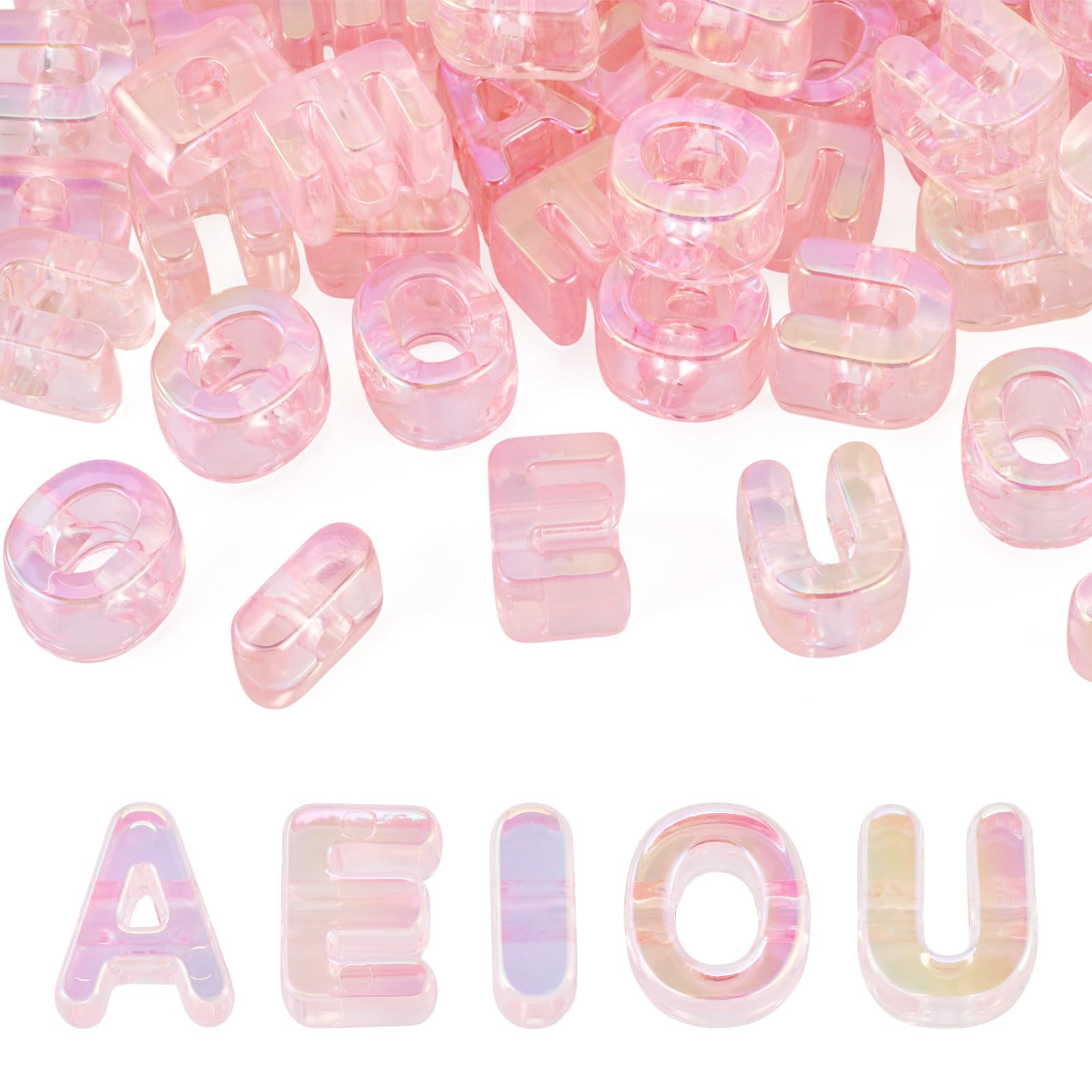 Craftora 50 Pcs Vowel Letter Beads Acrylic Alphabet Beads Pink A/E/I/O/U Initial Bead Rainbow Iridescent Loose Spacers for DIY Craft Keychain Jewelry Making